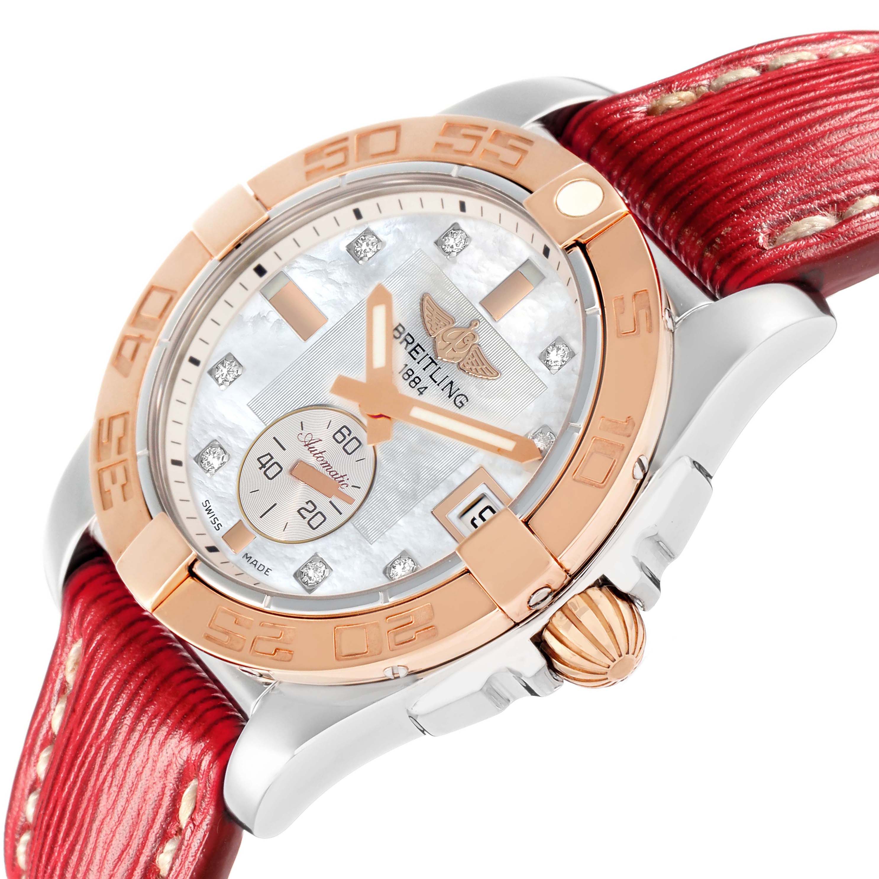 The Breitling Galactic C37330 Men
s Steel and Gold (two tone) Mother of Pearl Dial watch is shown at an angle highlighting the bezel, crown, dial, and red leather strap.