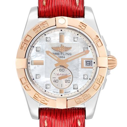 The Breitling Galactic C37330 Men's Steel and Gold (two tone) Mother of Pearl Dial watch is shown from the front, displaying the dial, bezel, crown, and part of the red leather strap.