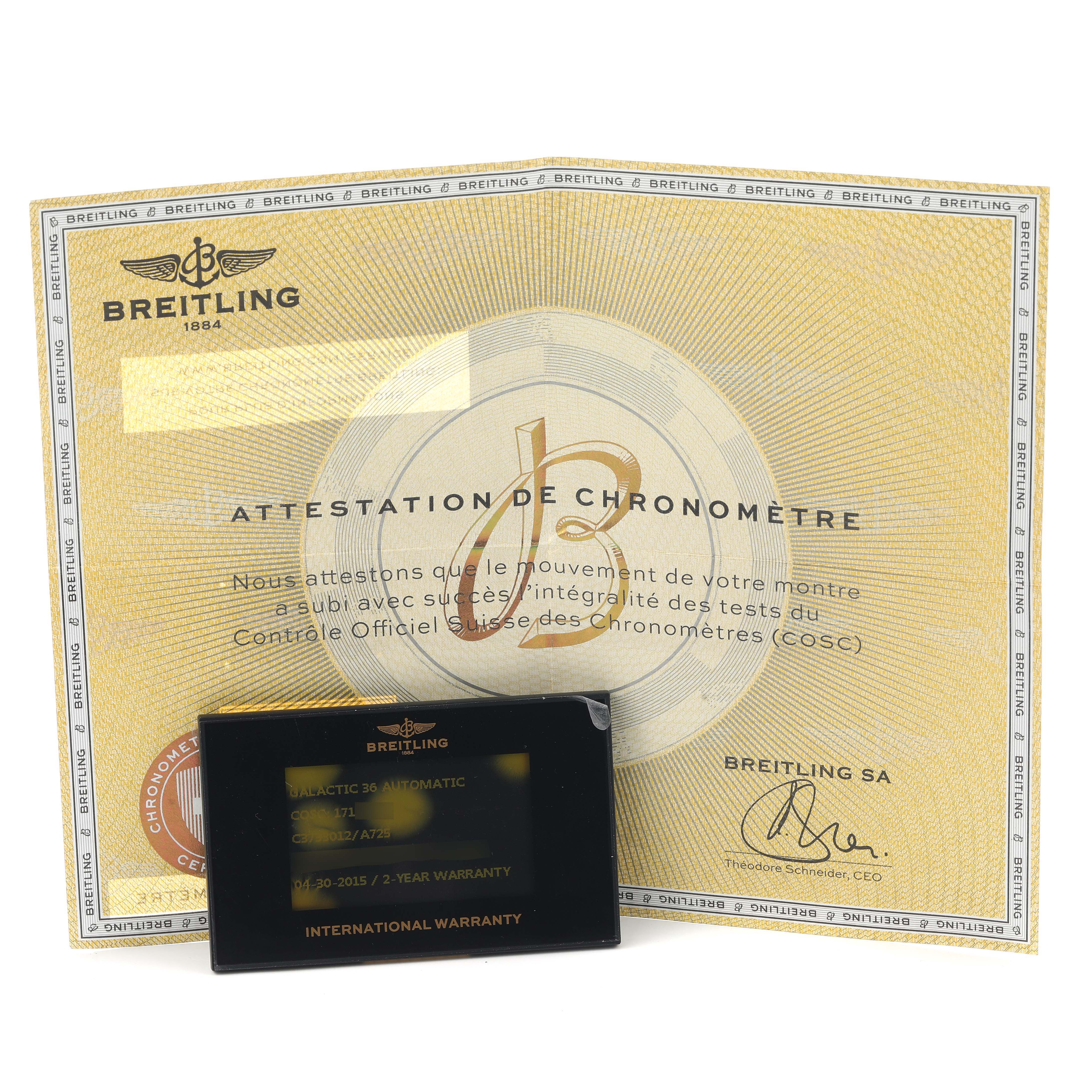 The image shows the warranty and chronometer certificate for a Breitling Galactic C37330 Men
s Steel and Gold (two tone) Mother of Pearl Dial watch, both viewed from the front.