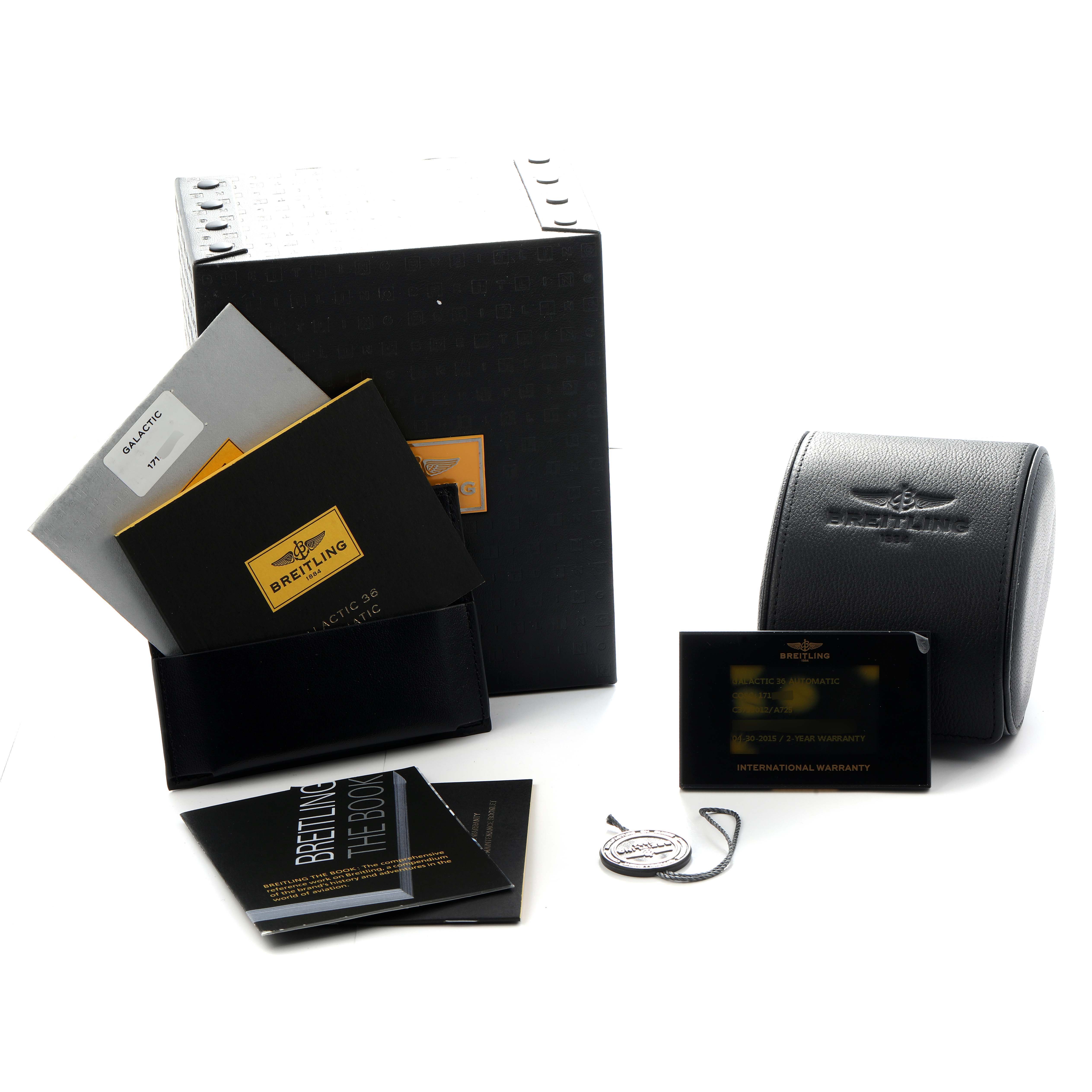 The image shows the packaging, documents, warranty card, and a case for the Breitling Galactic C37330 Men
s Steel and Gold (two tone) Mother of Pearl Dial watch model.