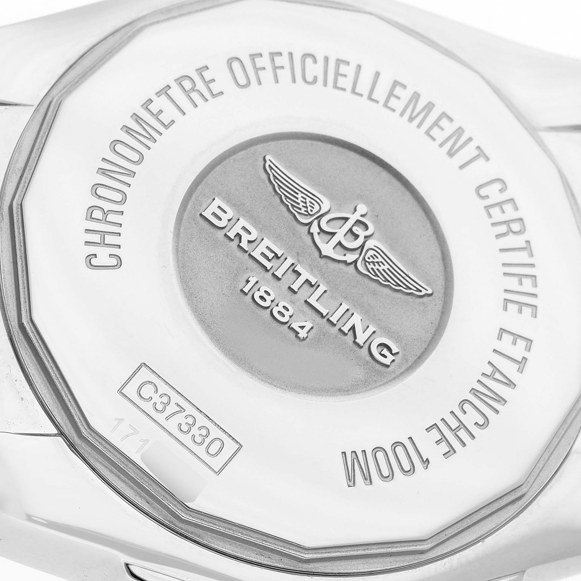 The image shows the case back of the Breitling Galactic C37330 Men
s Steel and Gold (two tone) Mother of Pearl Dial watch, featuring the brand name, logo, and model number.