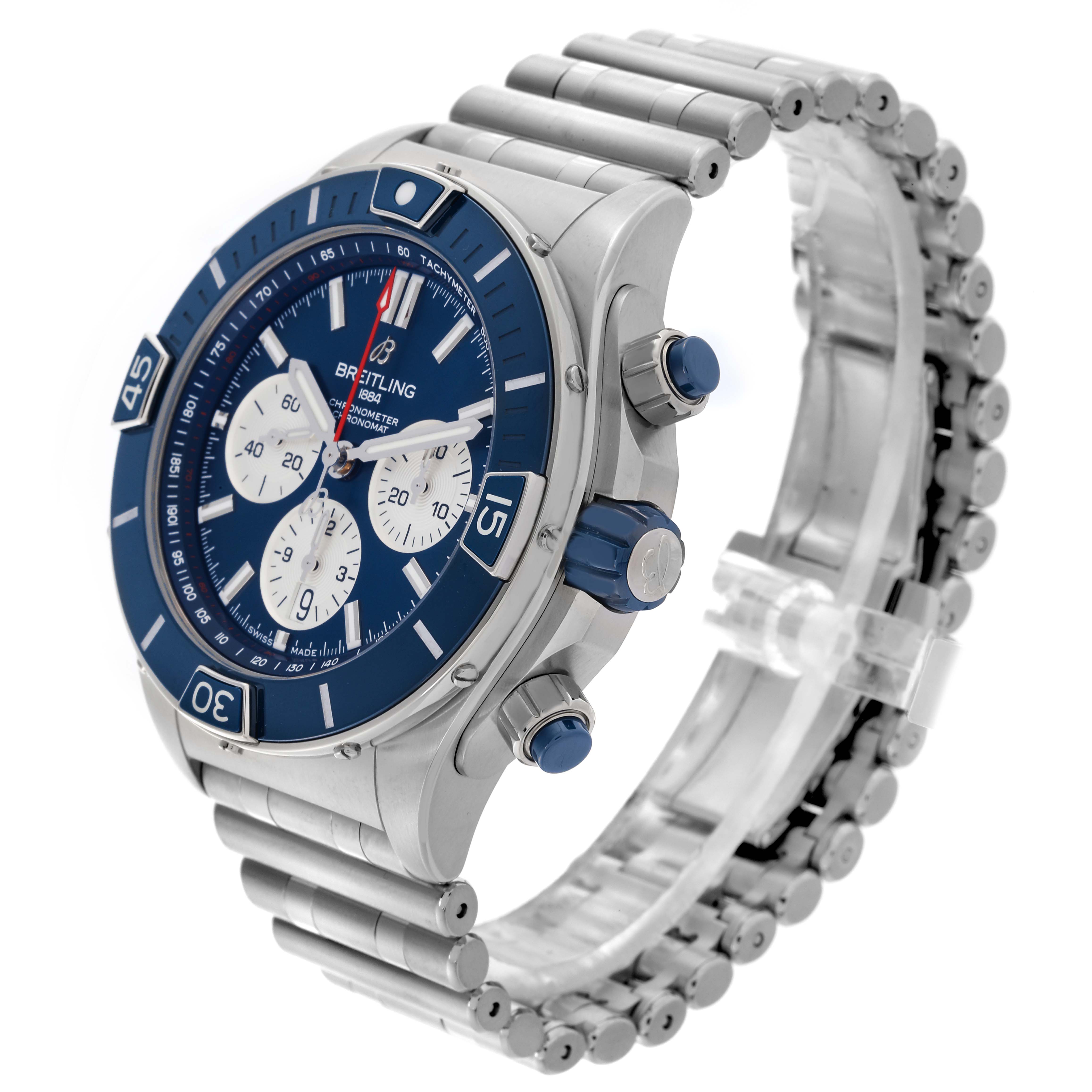 The Breitling Chronomat AB0136 Men's Stainless Steel Blue Dial AB0136 Men's Stainless Steel Blue Dial watch is shown at a three-quarter angle, displaying the face, bezel, buttons, and partially the bracelet.
