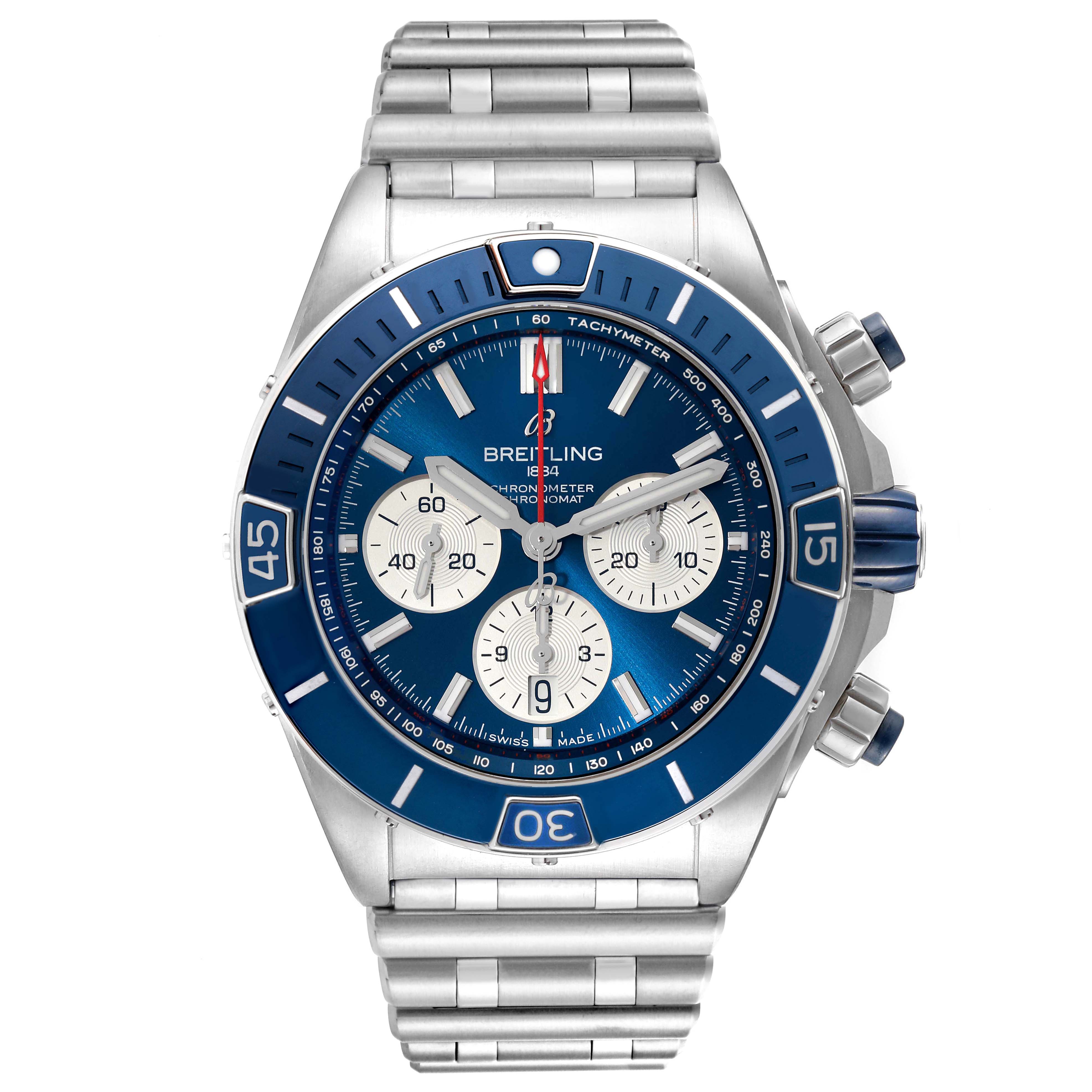 The Breitling Chronomat AB0136 Men's Stainless Steel Blue Dial AB0136 Men's Stainless Steel Blue Dial watch is shown from a front view, displaying the face, bezel, crown, and entire bracelet.
