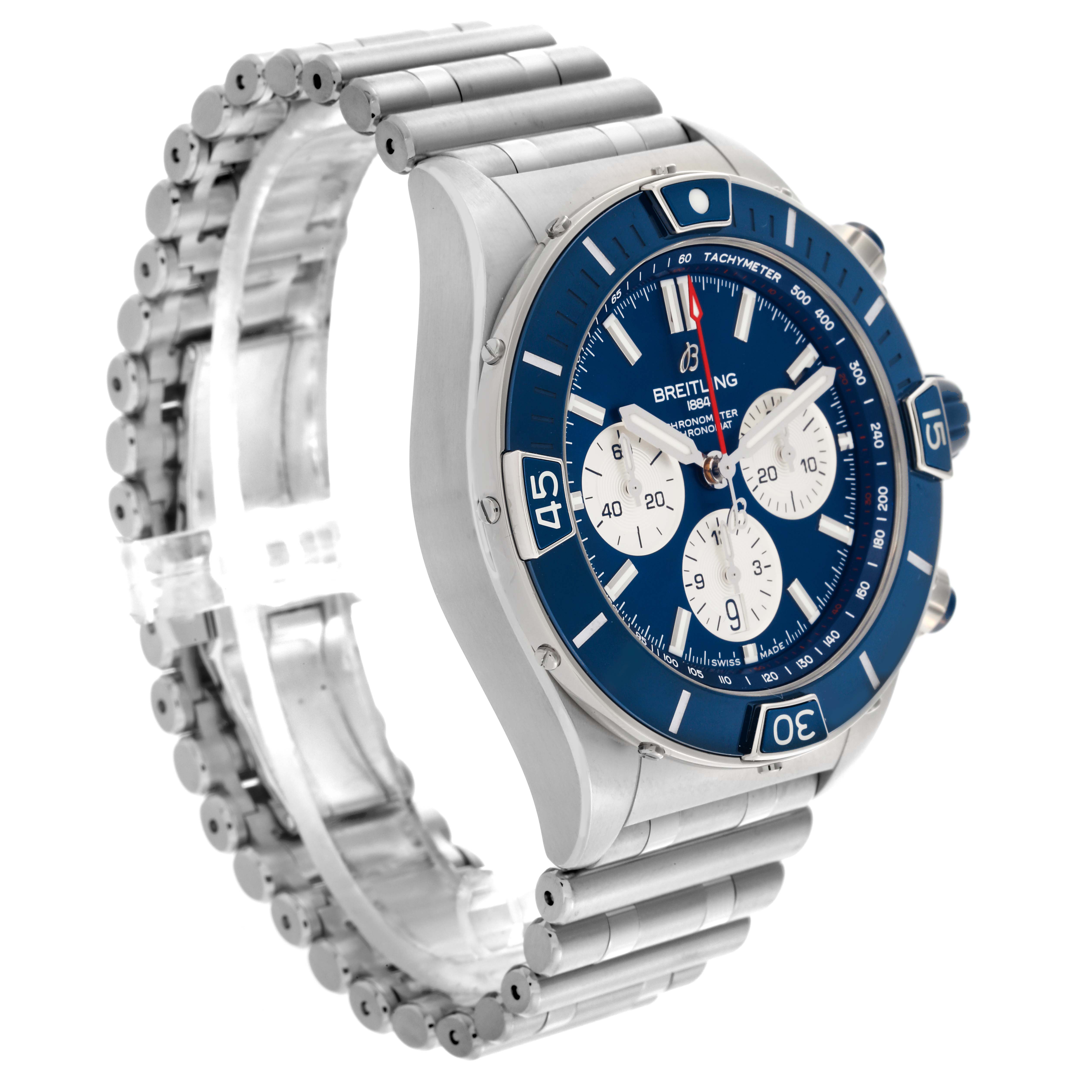 The Breitling Chronomat AB0136 Men's Stainless Steel Blue Dial AB0136 Men's Stainless Steel Blue Dial watch is shown at a slight angle, displaying the face, bezel, and part of the bracelet.