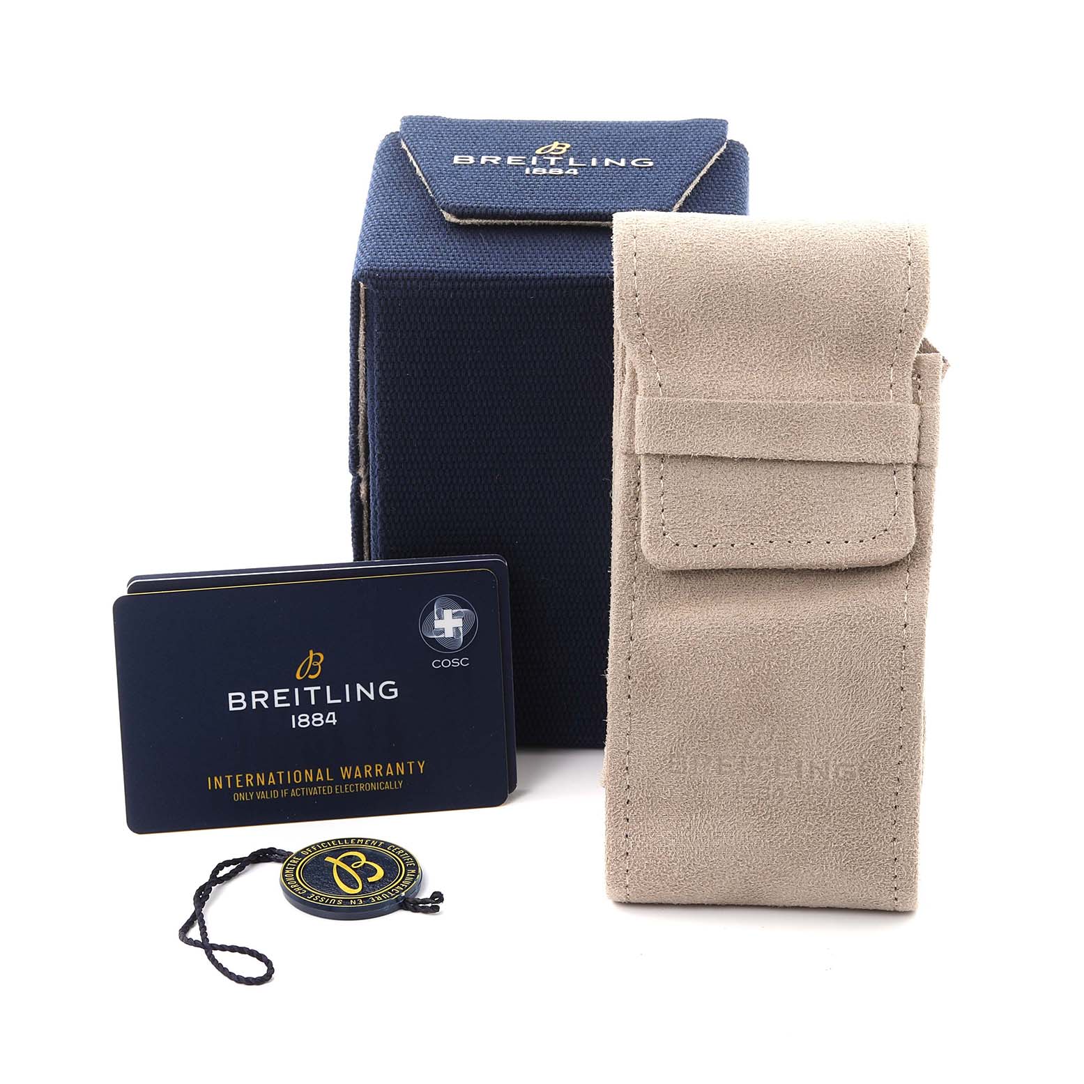 The image shows the packaging and accessories for a Breitling Chronomat AB0136 Men's Stainless Steel Blue Dial AB0136 Men's Stainless Steel Blue Dial, including a box, pouch, warranty card, and tag.
