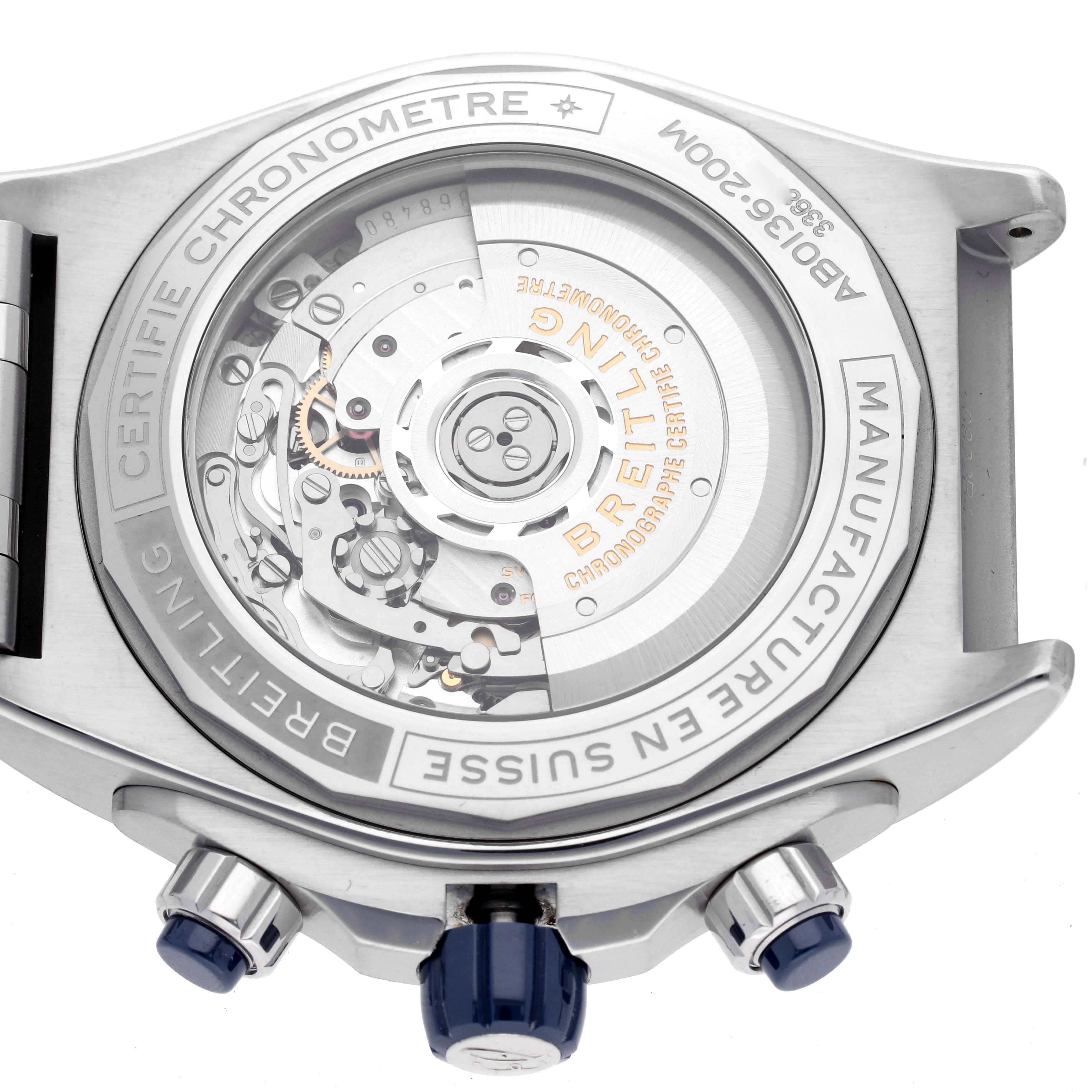 The image shows the back of a Breitling Chronomat AB0136 Men's Stainless Steel Blue Dial AB0136 Men's Stainless Steel Blue Dial watch, highlighting the transparent case back and movement.
