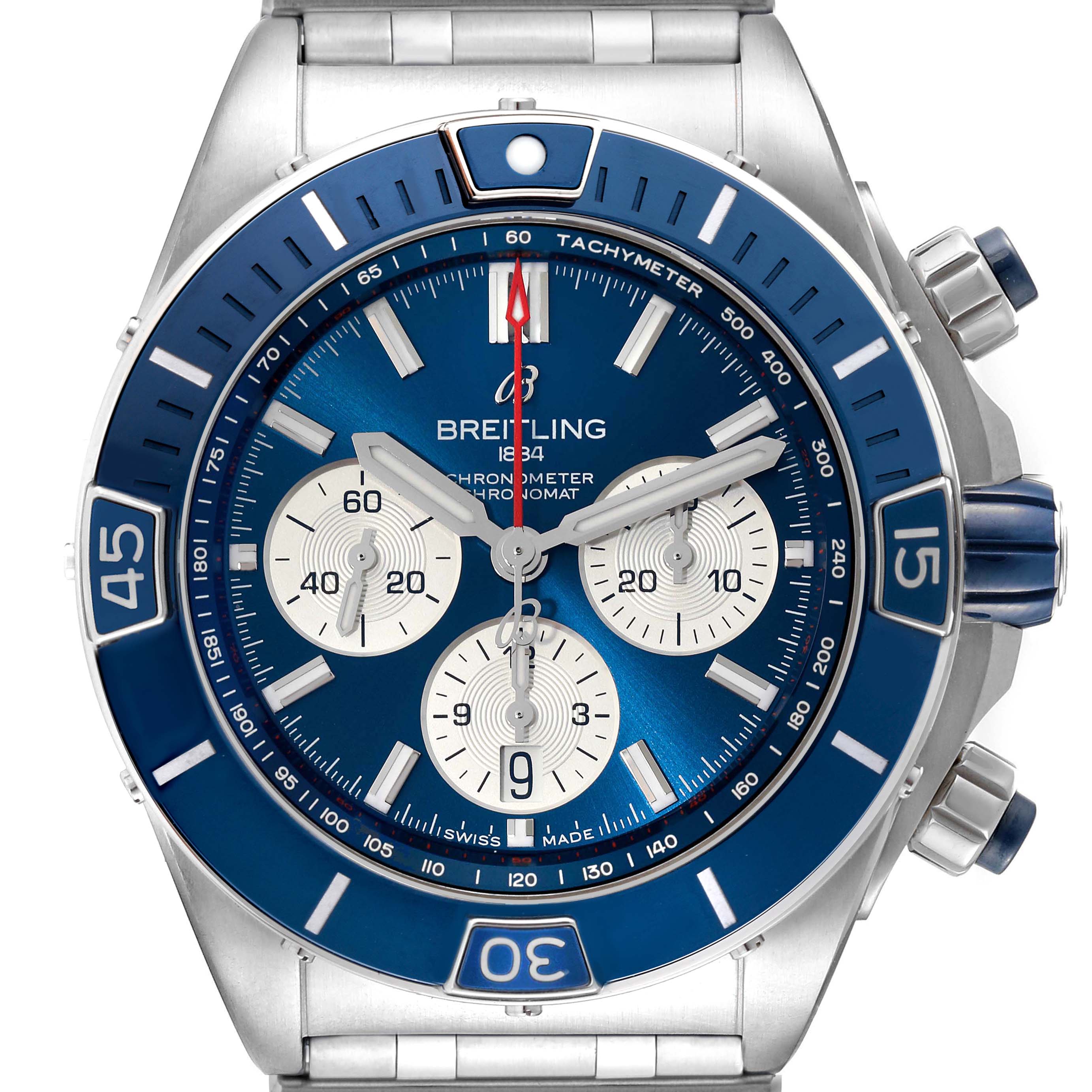 The Breitling Chronomat AB0136 Men's Stainless Steel Blue Dial AB0136 Men's Stainless Steel Blue Dial watch is shown from the front, highlighting the blue face, bezel, subdials, and pushers.