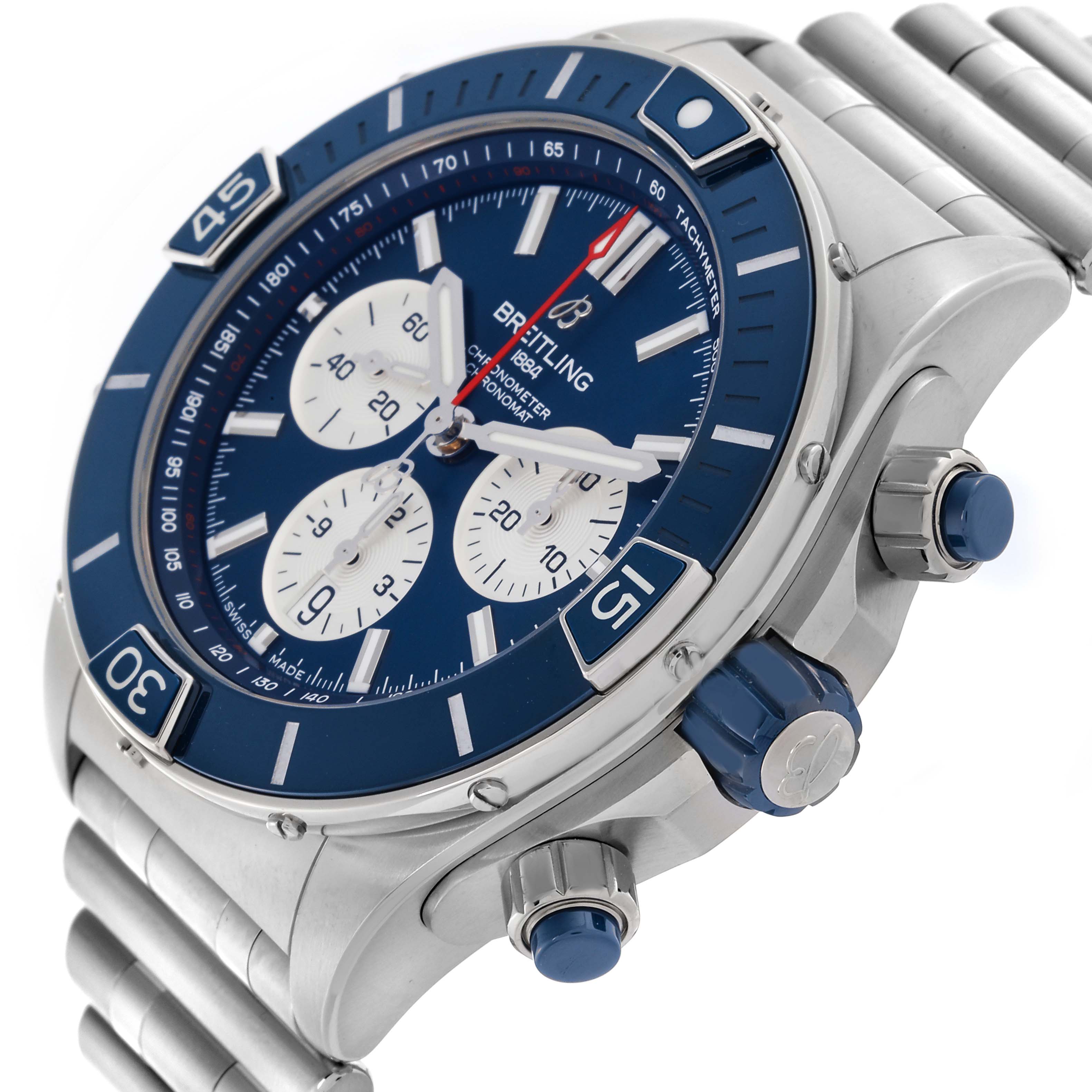 The Breitling Chronomat AB0136 Men's Stainless Steel Blue Dial AB0136 Men's Stainless Steel Blue Dial watch is shown at an angled view, highlighting the dial, bezel, crown, and part of the bracelet.