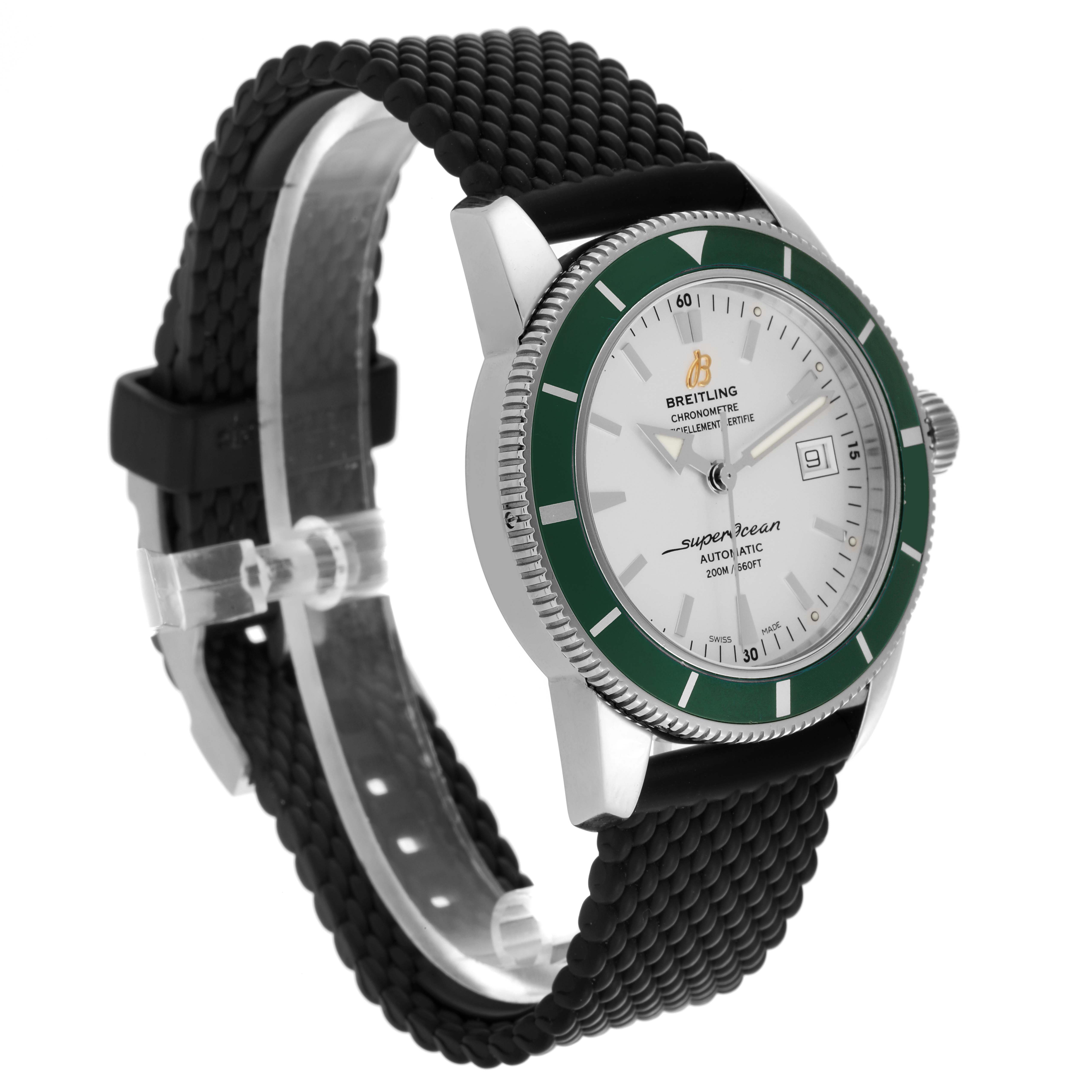 The Breitling Superocean A17321 Men
s Stainless Steel Silver Dial A17321 Men
s Stainless Steel Silver Dial is shown in a three-quarter angle, displaying its dial, bezel, and woven strap.