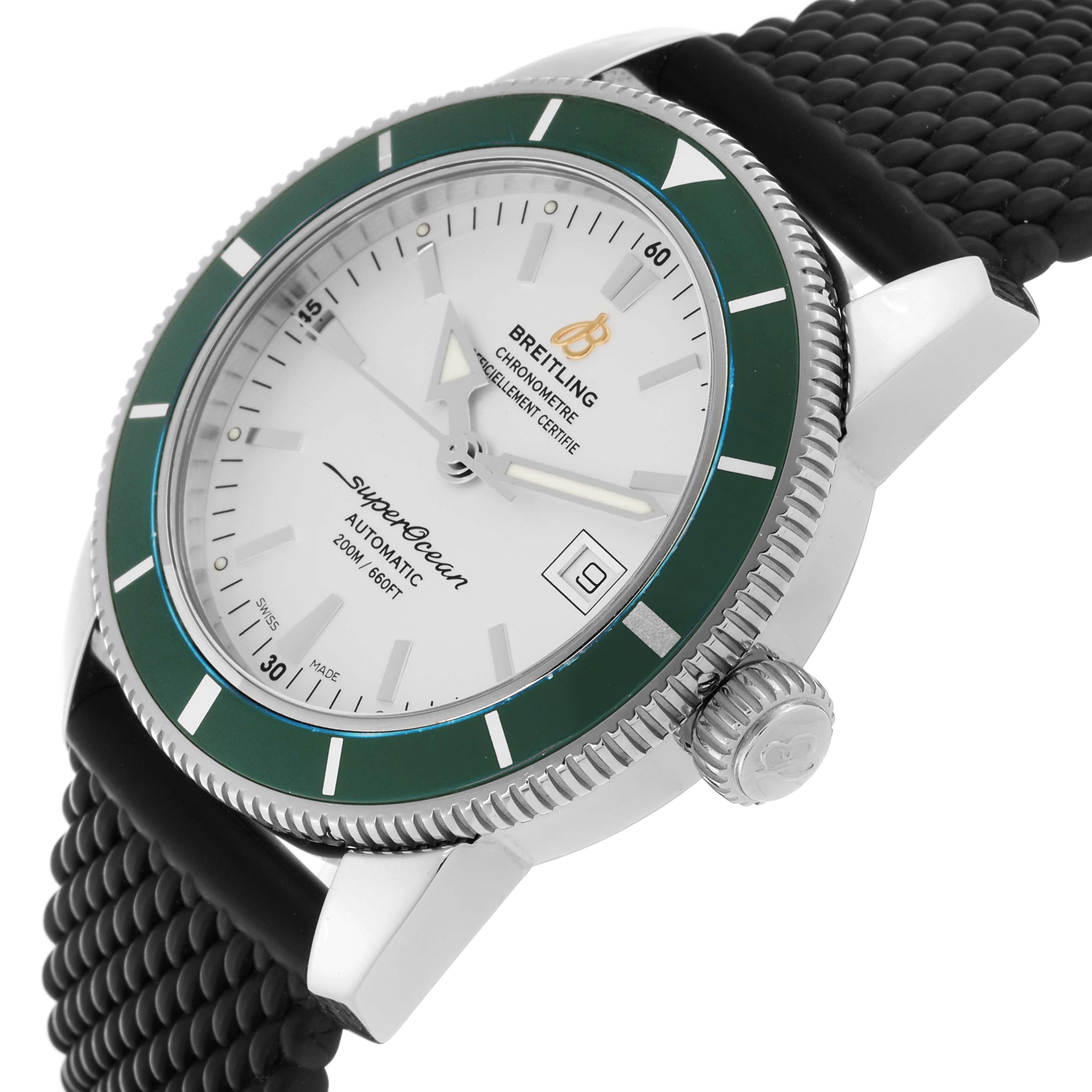 The Breitling Superocean A17321 Men
s Stainless Steel Silver Dial A17321 Men
s Stainless Steel Silver Dial watch is shown from a side angle, displaying its green bezel, white dial, and black strap.