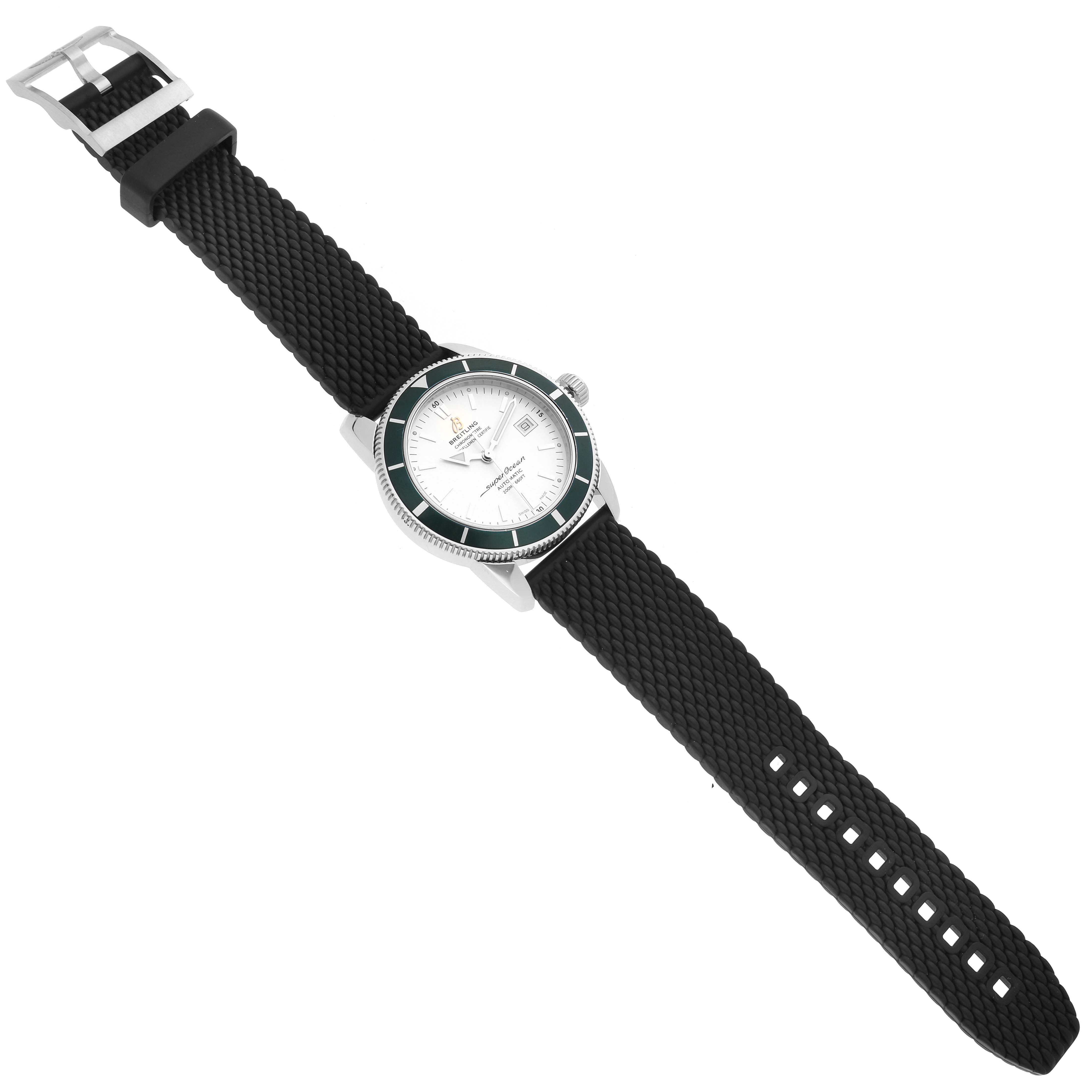 The image shows a top view of the Breitling Superocean A17321 Men
s Stainless Steel Silver Dial A17321 Men
s Stainless Steel Silver Dial watch, displaying the face, bezel, case, and full strap.