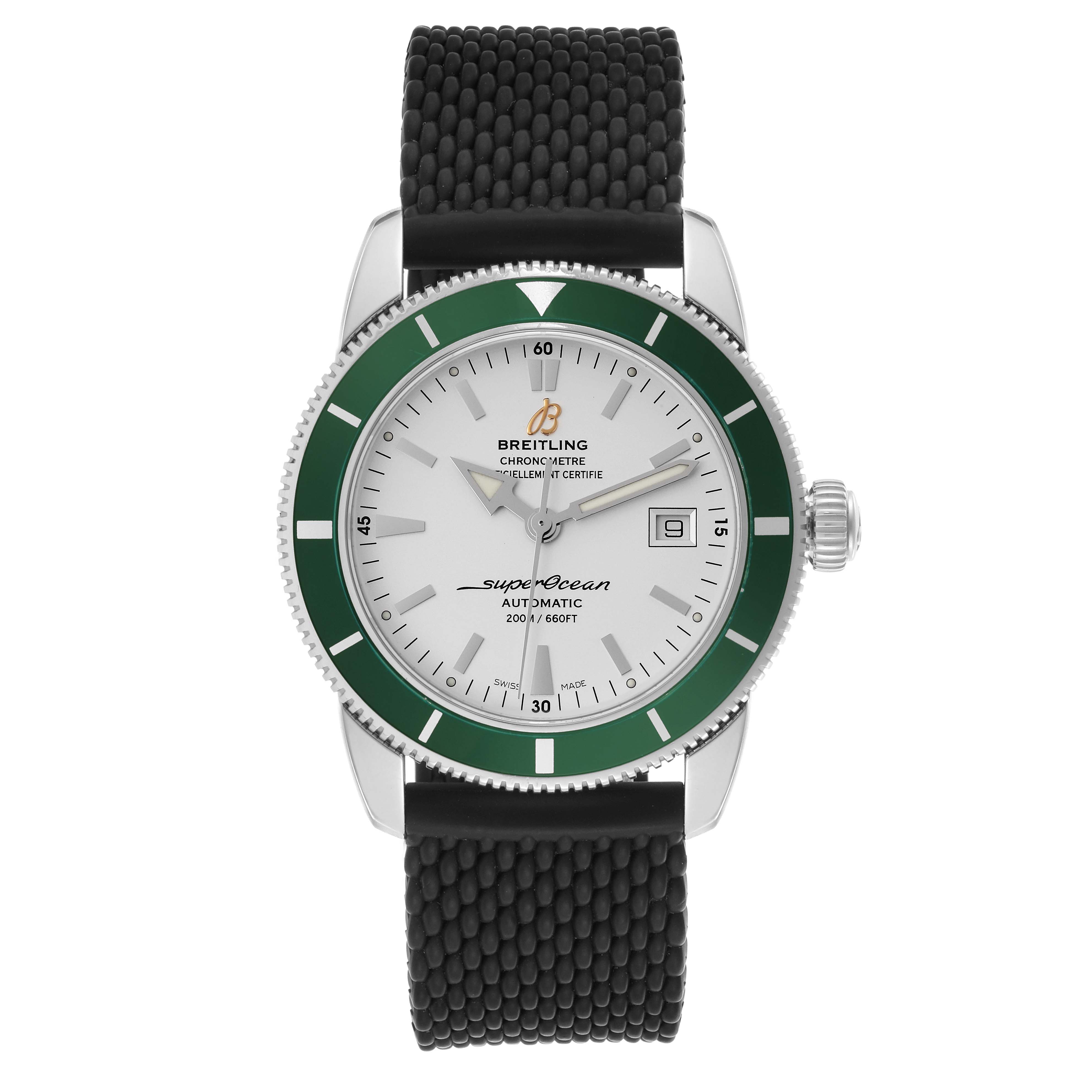 The Breitling Superocean A17321 Men
s Stainless Steel Silver Dial A17321 Men
s Stainless Steel Silver Dial watch is shown from the front, displaying its white dial, green bezel, and black textured strap.