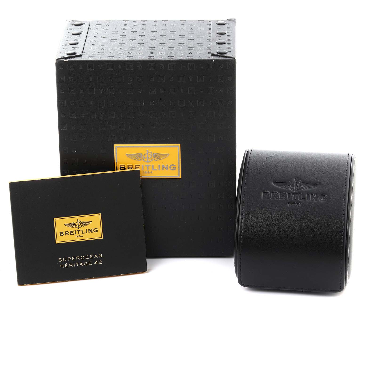 The image shows the Breitling Superocean A17321 Men
s Stainless Steel Silver Dial A17321 Men
s Stainless Steel Silver Dial packaging, including a box, instruction booklet, and watch case.