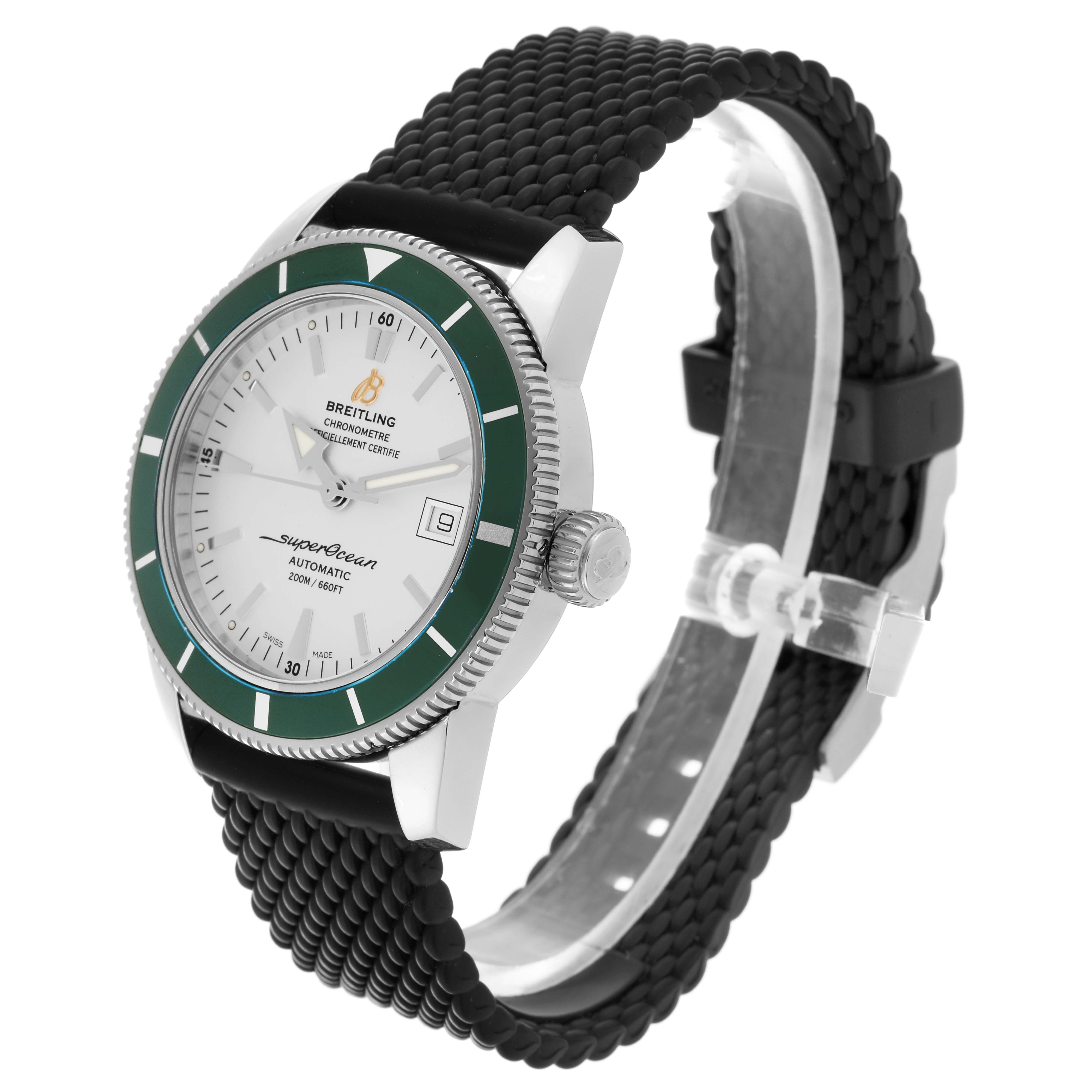 The Breitling Superocean A17321 Men
s Stainless Steel Silver Dial A17321 Men
s Stainless Steel Silver Dial watch is shown at an oblique angle, highlighting the green bezel, face, crown, and black strap.