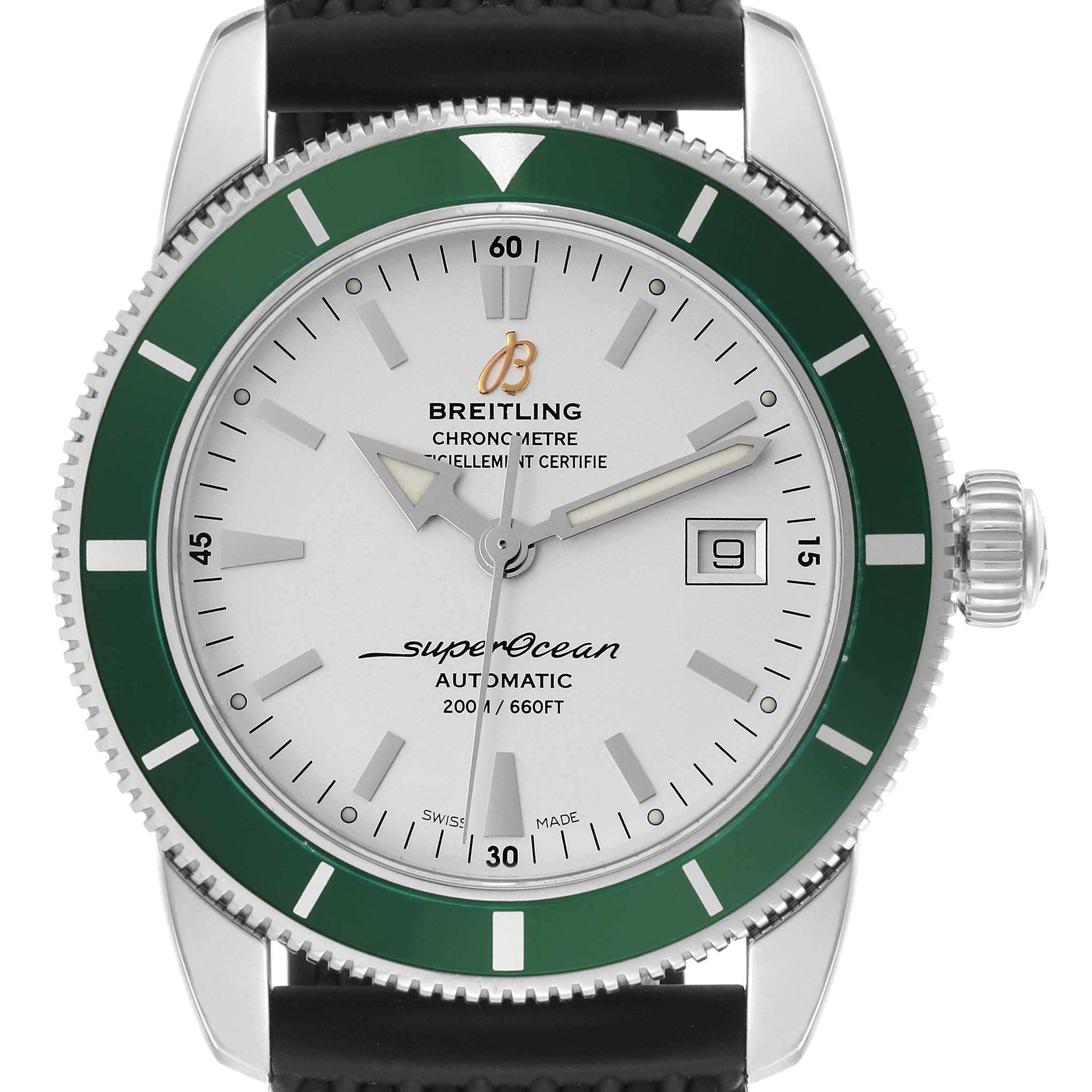 The Breitling Superocean A17321 Men
s Stainless Steel Silver Dial A17321 Men
s Stainless Steel Silver Dial watch is shown from the front, highlighting the face, bezel, and crown.