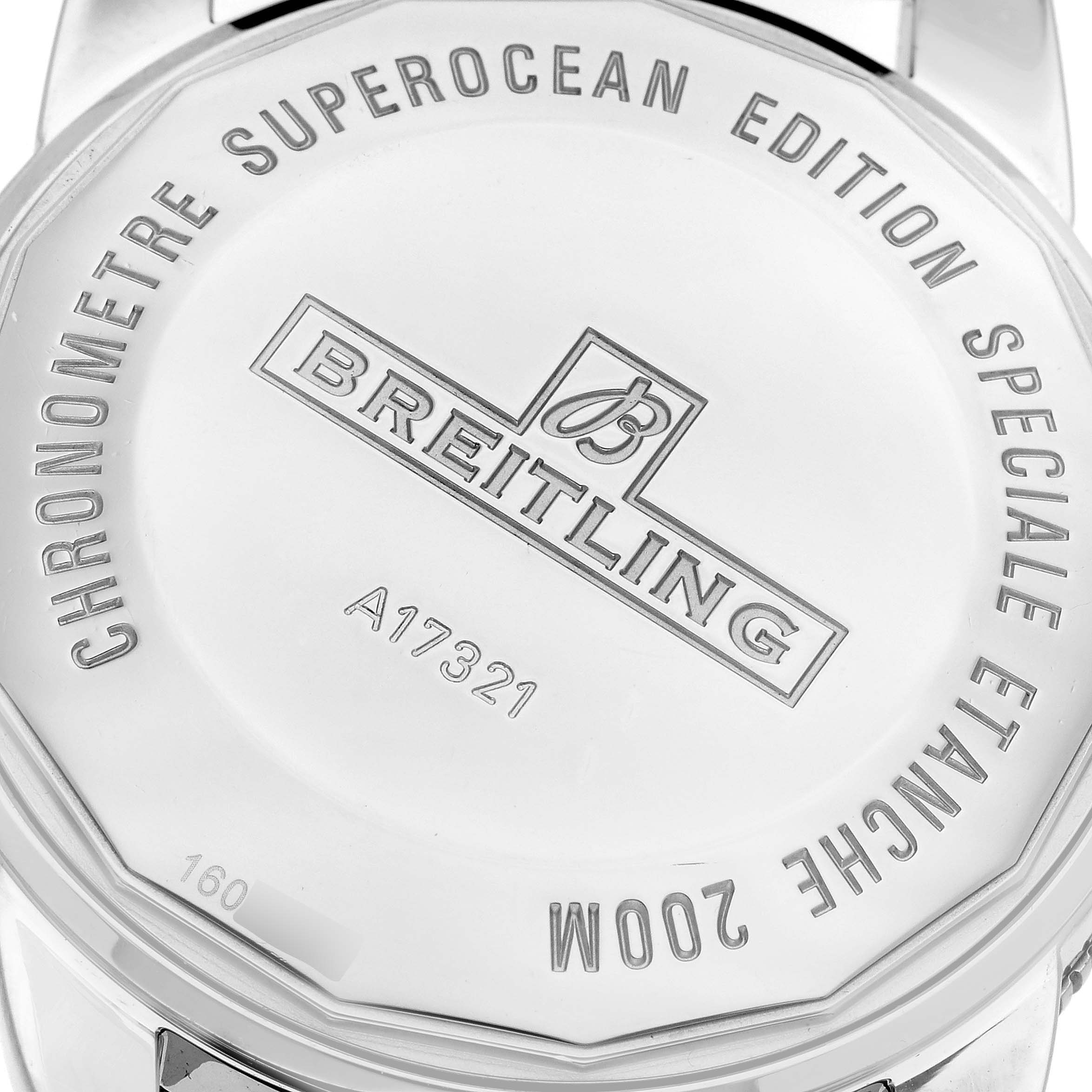 The image shows the back casing of the Breitling Superocean A17321 Men
s Stainless Steel Silver Dial A17321 Men
s Stainless Steel Silver Dial watch with logos and model details.
