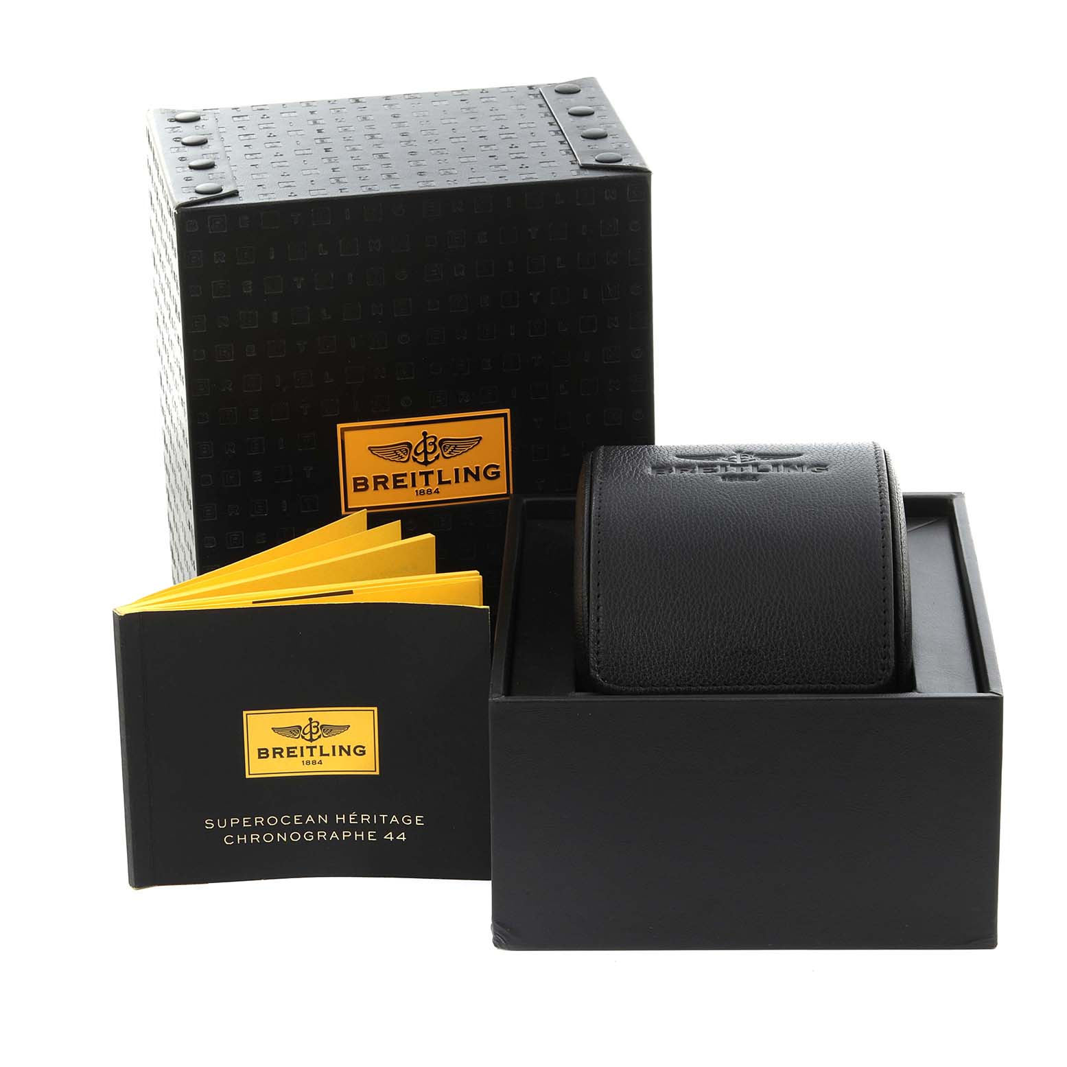 The image shows the Breitling Superocean A23370 Men
s Stainless Steel Black Dial A23370 Men
s Stainless Steel Black Dial watch box, case, and booklets viewed from a front-angle perspective.