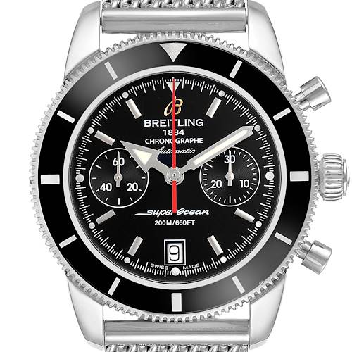 The image shows a front view of the Breitling Superocean watch, highlighting the face, bezel, crown, and chronograph buttons.