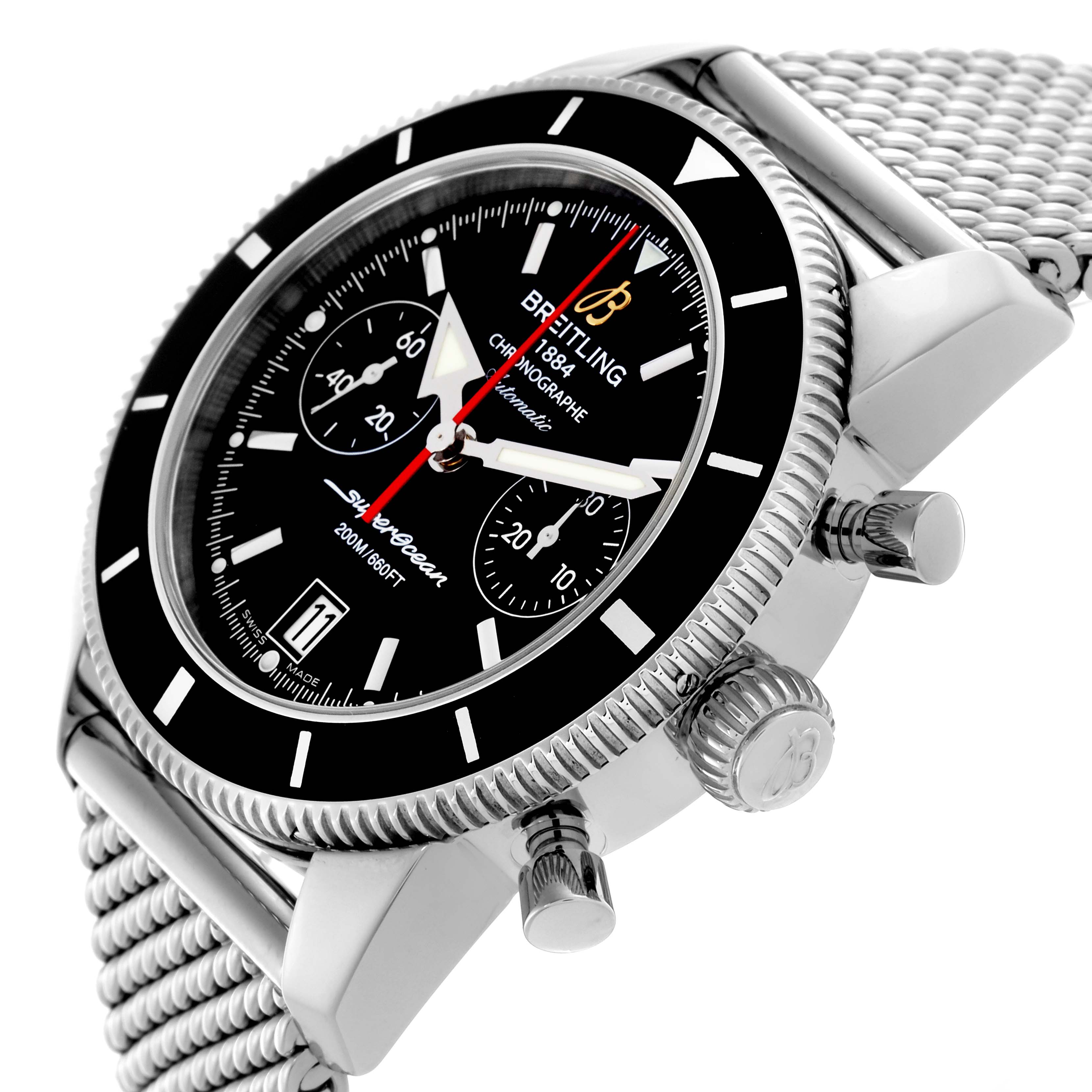 The Breitling Superocean A23370 Men
s Stainless Steel Black Dial A23370 Men
s Stainless Steel Black Dial watch is shown at an angled side view, highlighting the watch face, bezel, crown, and mesh bracelet.