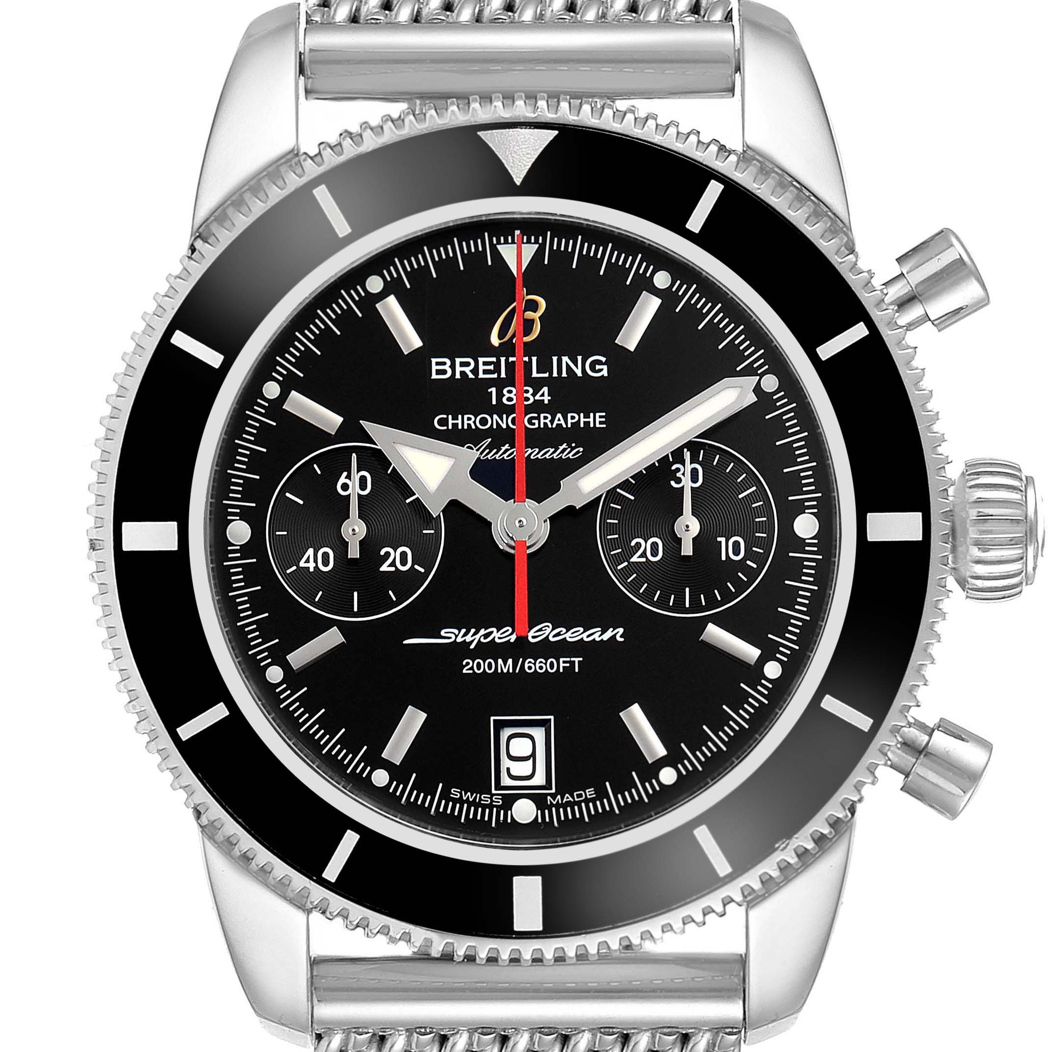The Breitling Superocean A23370 Men
s Stainless Steel Black Dial A23370 Men
s Stainless Steel Black Dial watch is shown from the front, displaying the dial, bezel, crown, and pushers.