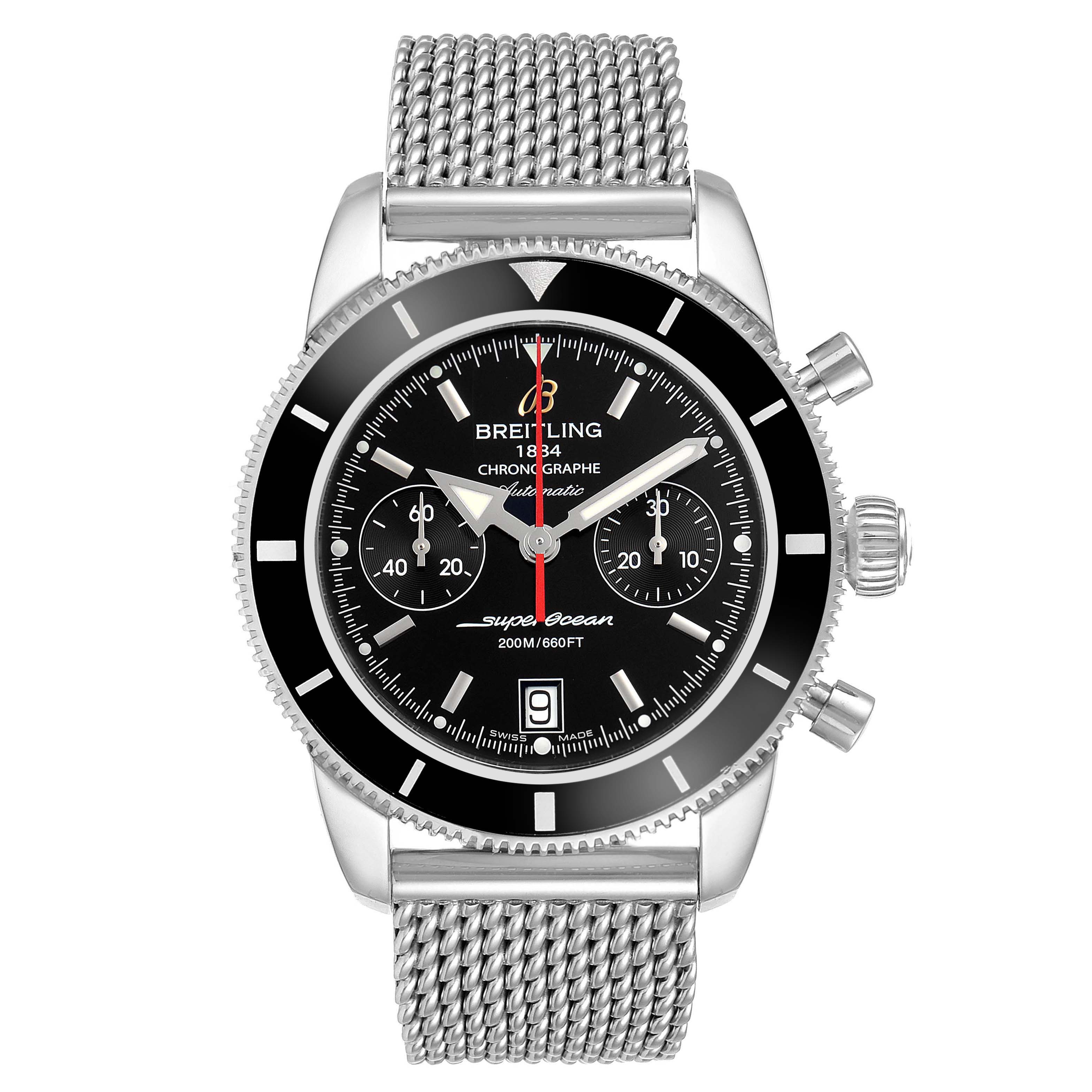 The Breitling Superocean A23370 Men
s Stainless Steel Black Dial A23370 Men
s Stainless Steel Black Dial watch is shown from the front, highlighting the dial, bezel, and mesh bracelet.