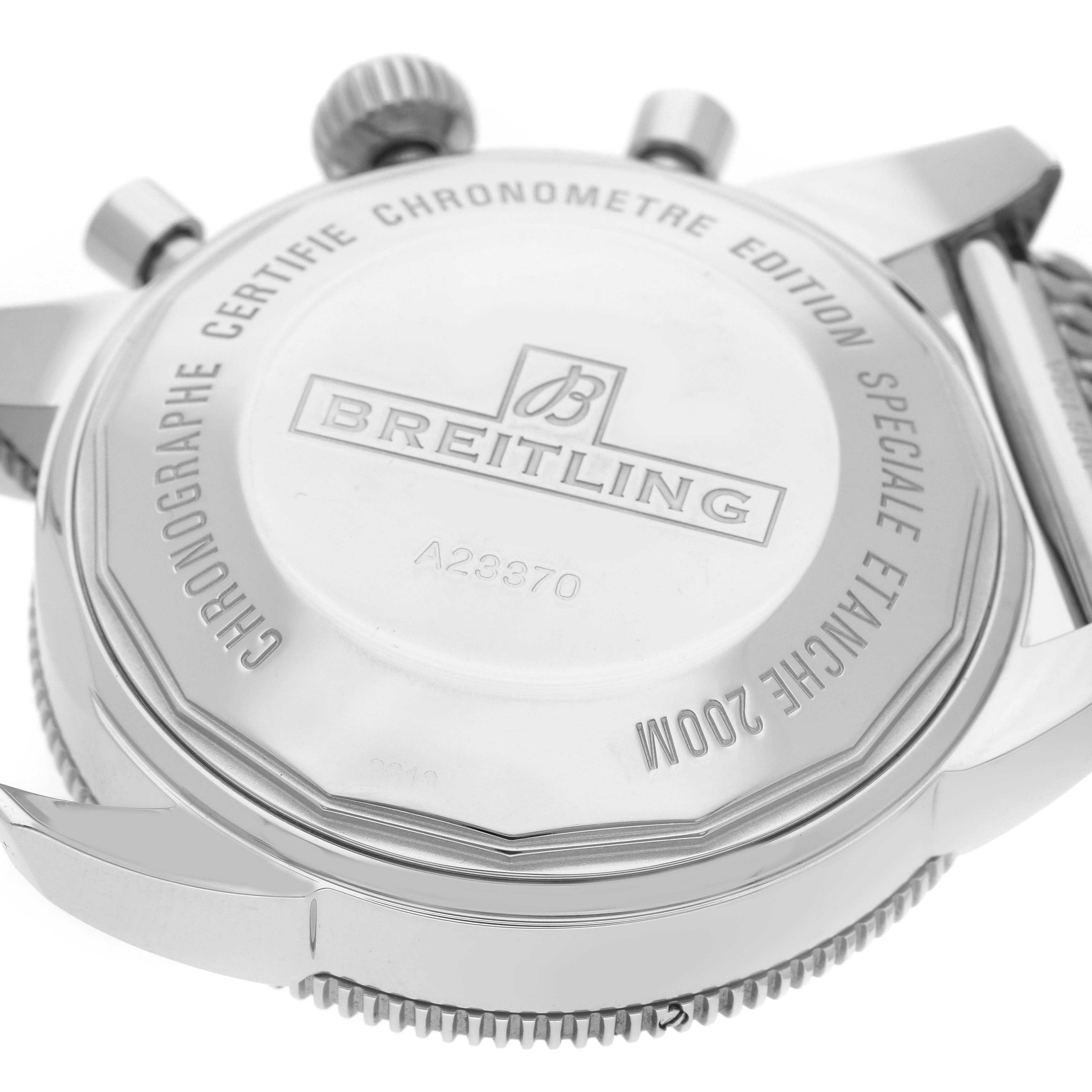 The image shows the back and side view of the Breitling Superocean A23370 Men
s Stainless Steel Black Dial A23370 Men
s Stainless Steel Black Dial watch, highlighting the case back and crown.