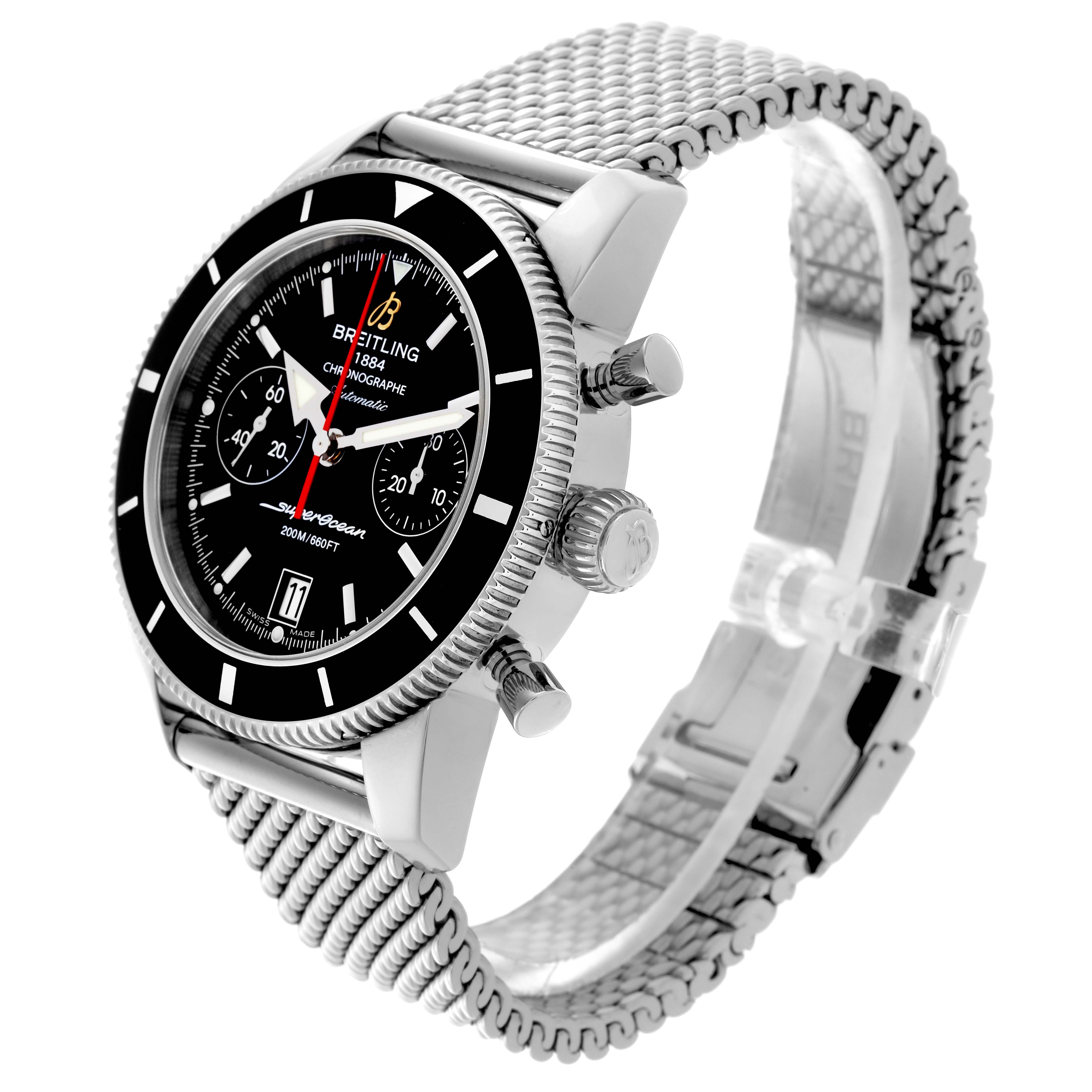The Breitling Superocean A23370 Men
s Stainless Steel Black Dial A23370 Men
s Stainless Steel Black Dial watch is shown at an angled side view, displaying the face, bezel, crown, pushers, and mesh bracelet.