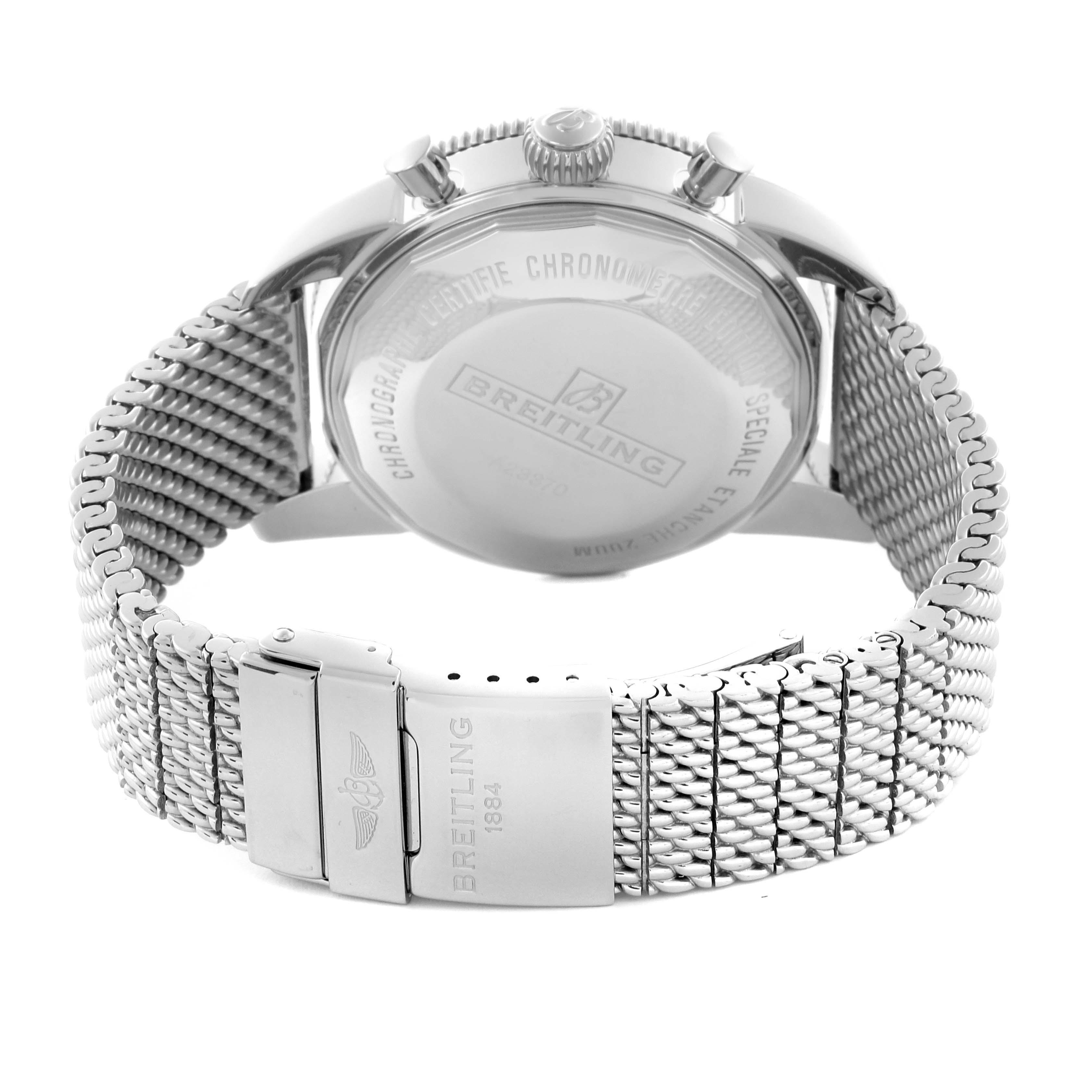 The image shows a rear view of a Breitling Superocean A23370 Men
s Stainless Steel Black Dial A23370 Men
s Stainless Steel Black Dial featuring the case back and mesh bracelet.