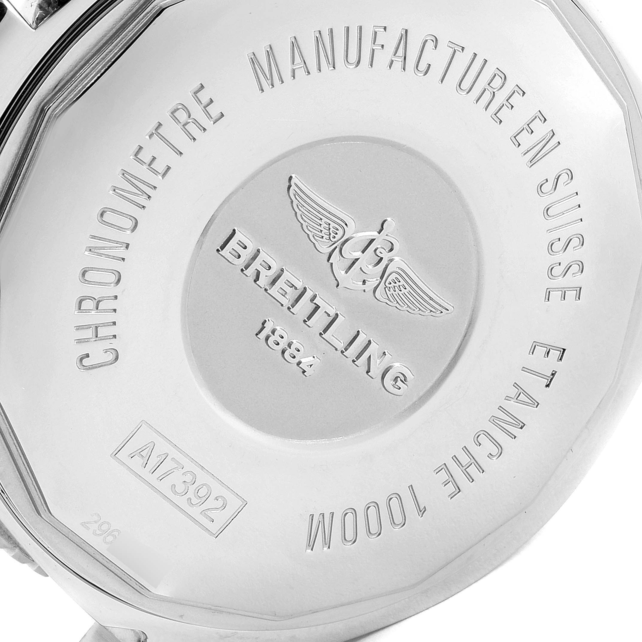 The image shows the engraved case back of a Breitling Superocean A17392 Men's Stainless Steel Blue Dial A17392 Men's Stainless Steel Blue Dial watch.