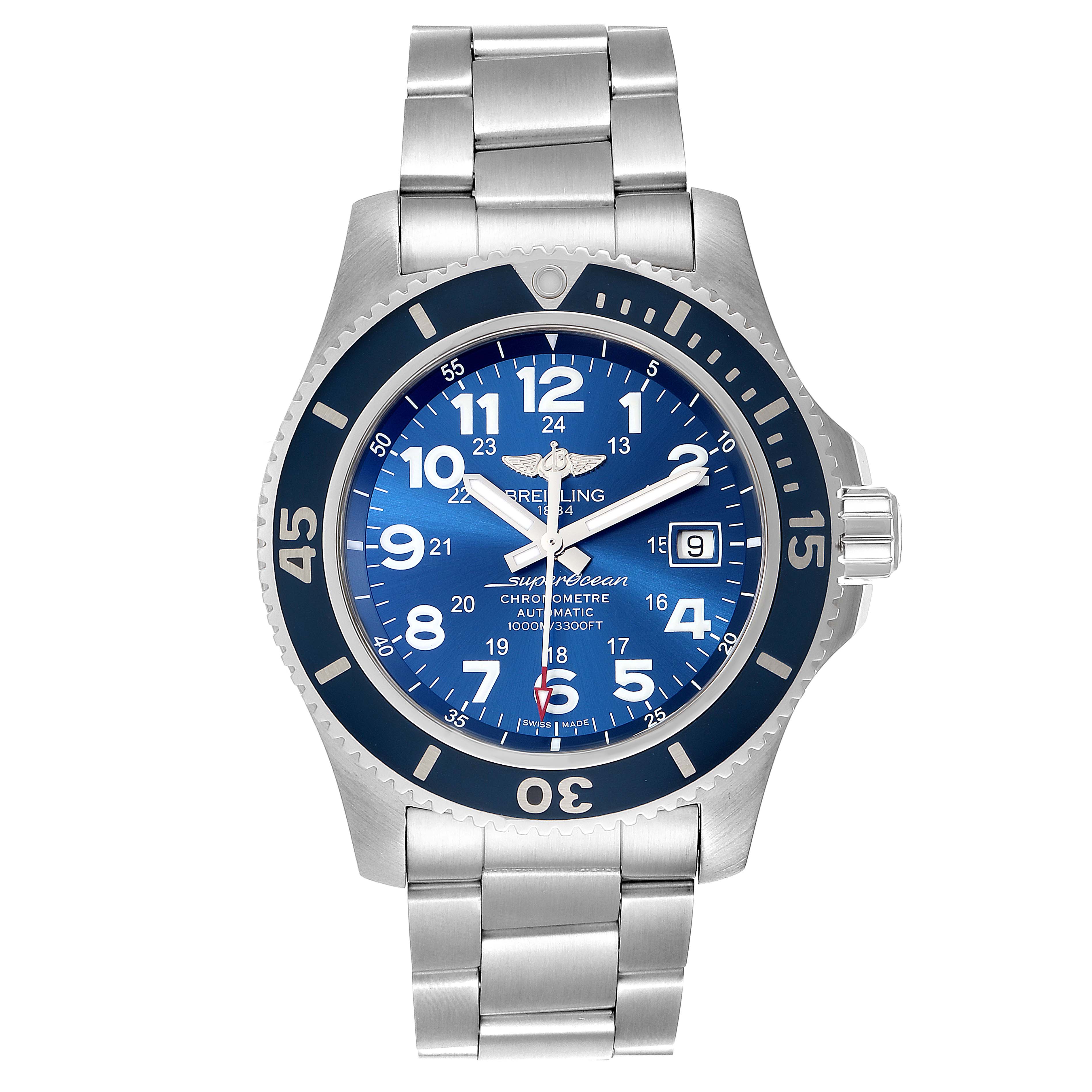 The image shows a front angle view of a Breitling Superocean A17392 Men's Stainless Steel Blue Dial A17392 Men's Stainless Steel Blue Dial watch with a blue dial and a stainless steel bracelet.