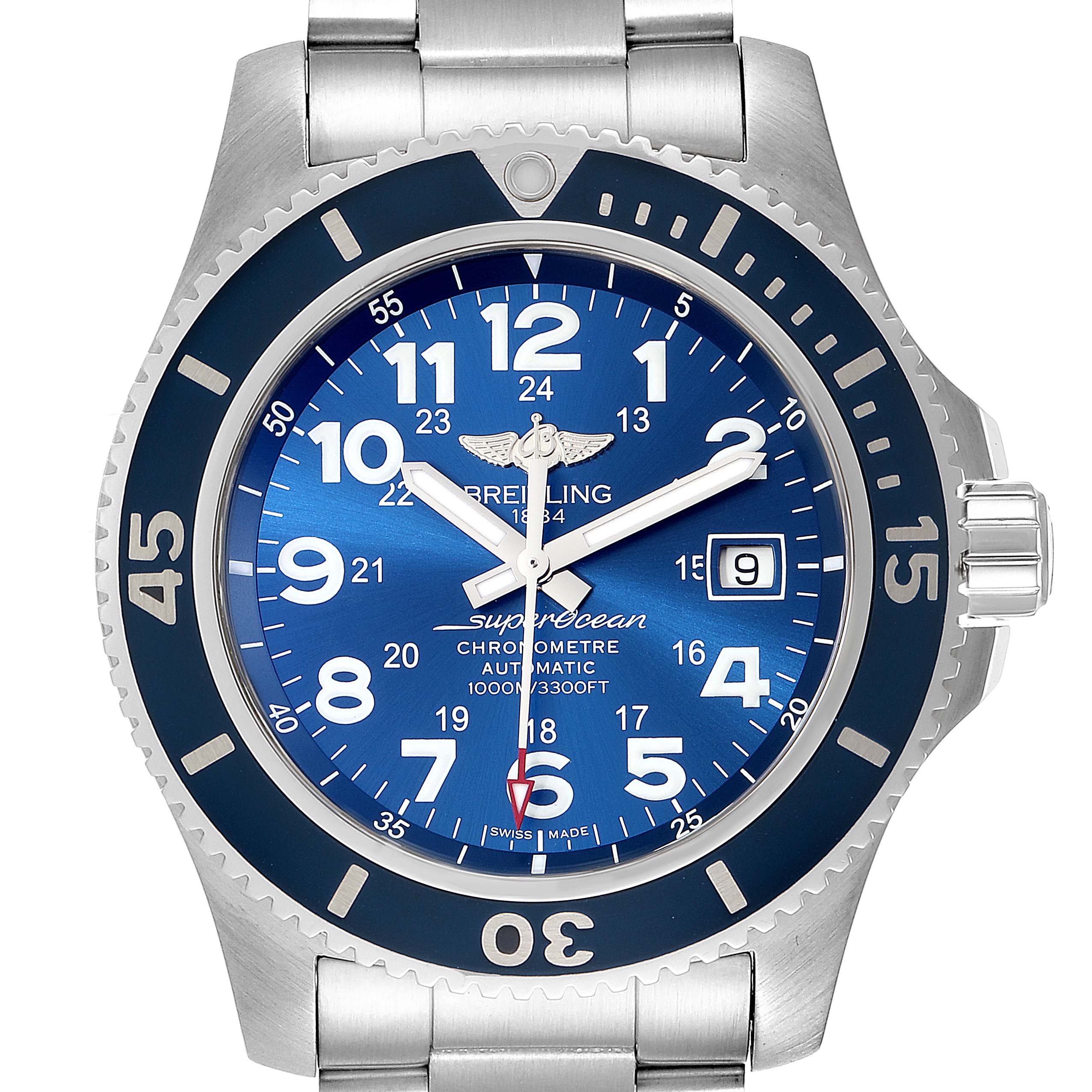 The image shows a front view of the Breitling Superocean A17392 Men's Stainless Steel Blue Dial A17392 Men's Stainless Steel Blue Dial watch, highlighting the blue dial, bezel, and stainless steel bracelet.