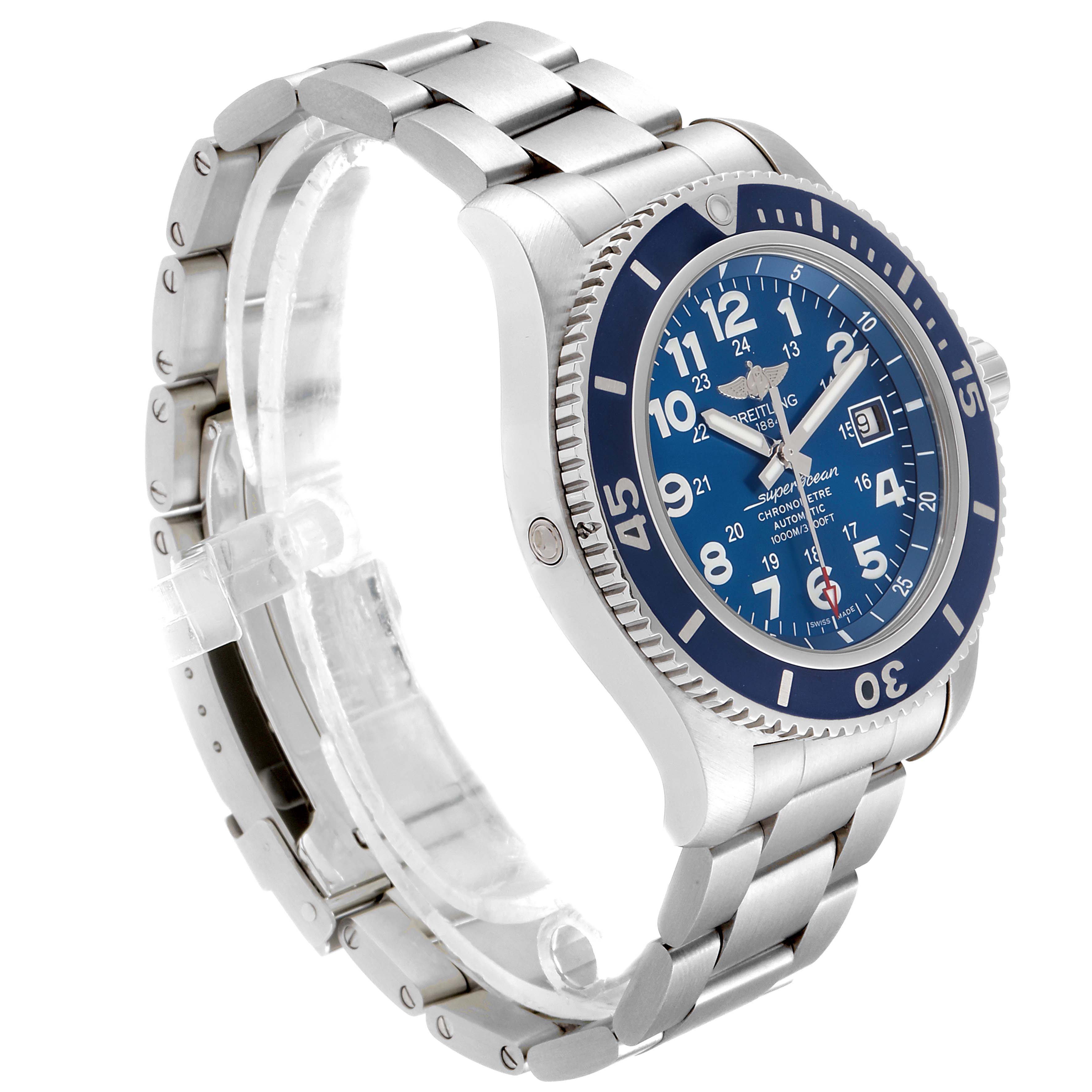 The Breitling Superocean A17392 Men's Stainless Steel Blue Dial A17392 Men's Stainless Steel Blue Dial watch is shown at an angle, displaying its blue dial, bezel, crown, and stainless steel bracelet.