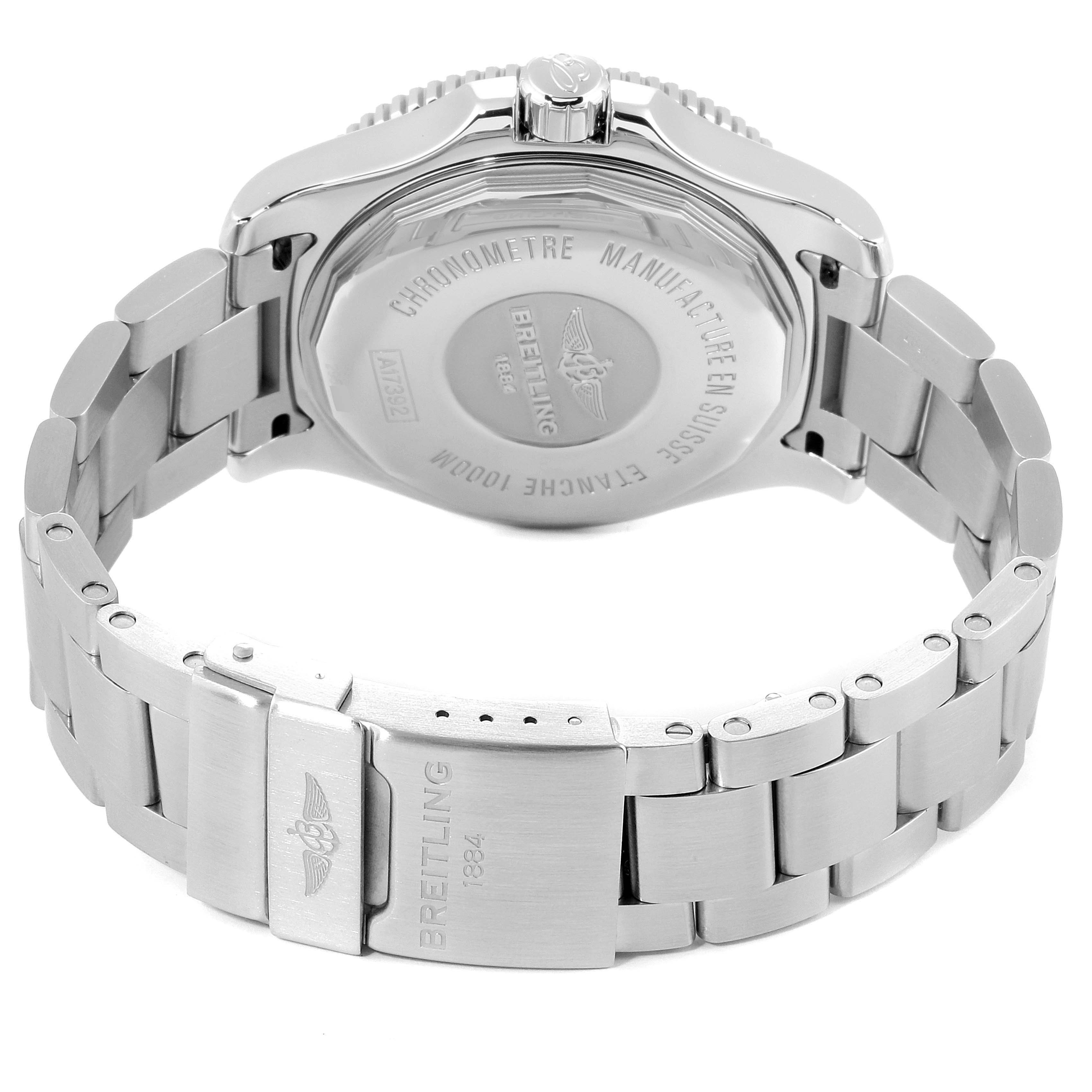 The image shows the back and bracelet clasp of a Breitling Superocean A17392 Men's Stainless Steel Blue Dial A17392 Men's Stainless Steel Blue Dial watch at an angled rear view.