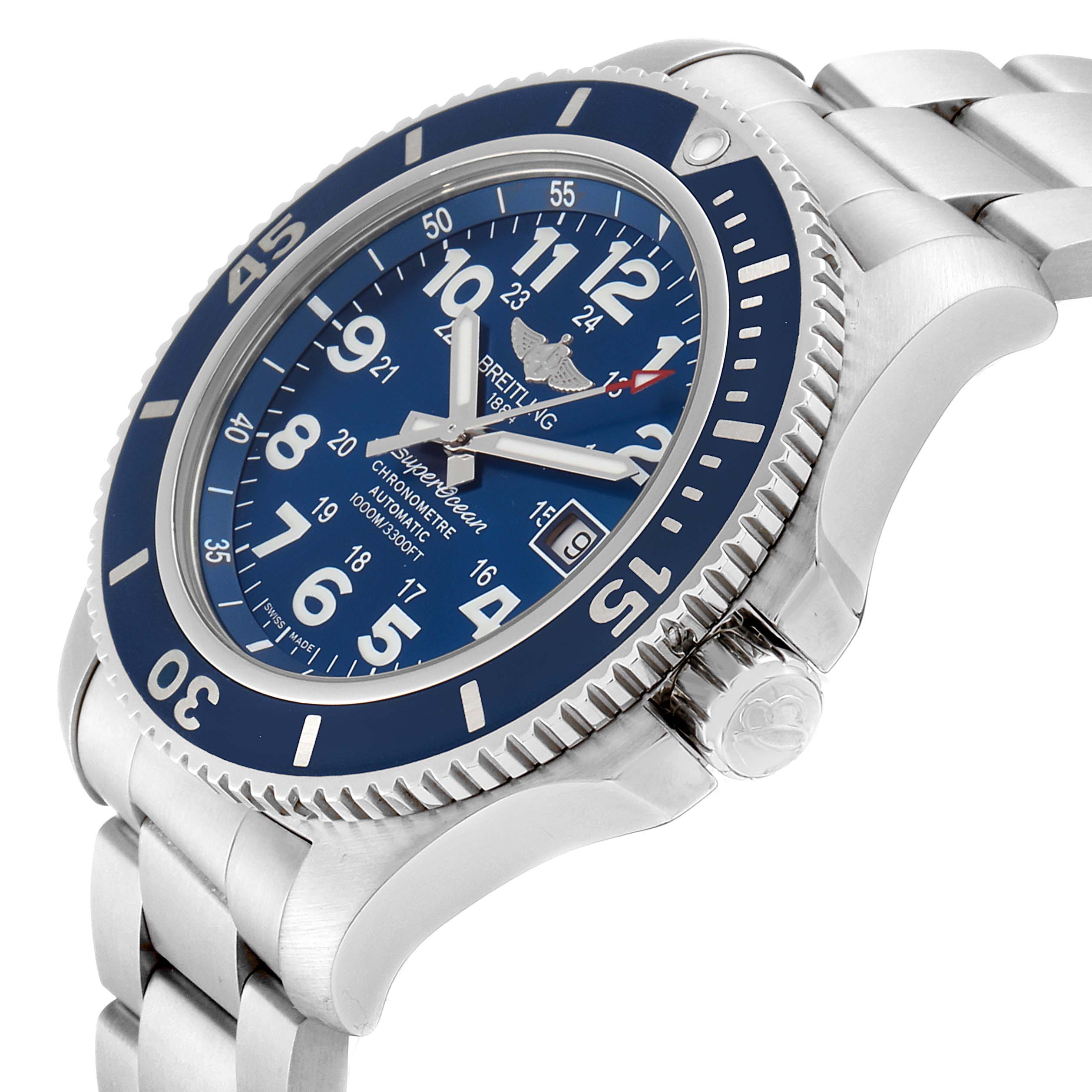 The image shows a side and angled top view of the Breitling Superocean A17392 Men's Stainless Steel Blue Dial A17392 Men's Stainless Steel Blue Dial watch, highlighting its face, bezel, crown, and stainless steel bracelet.