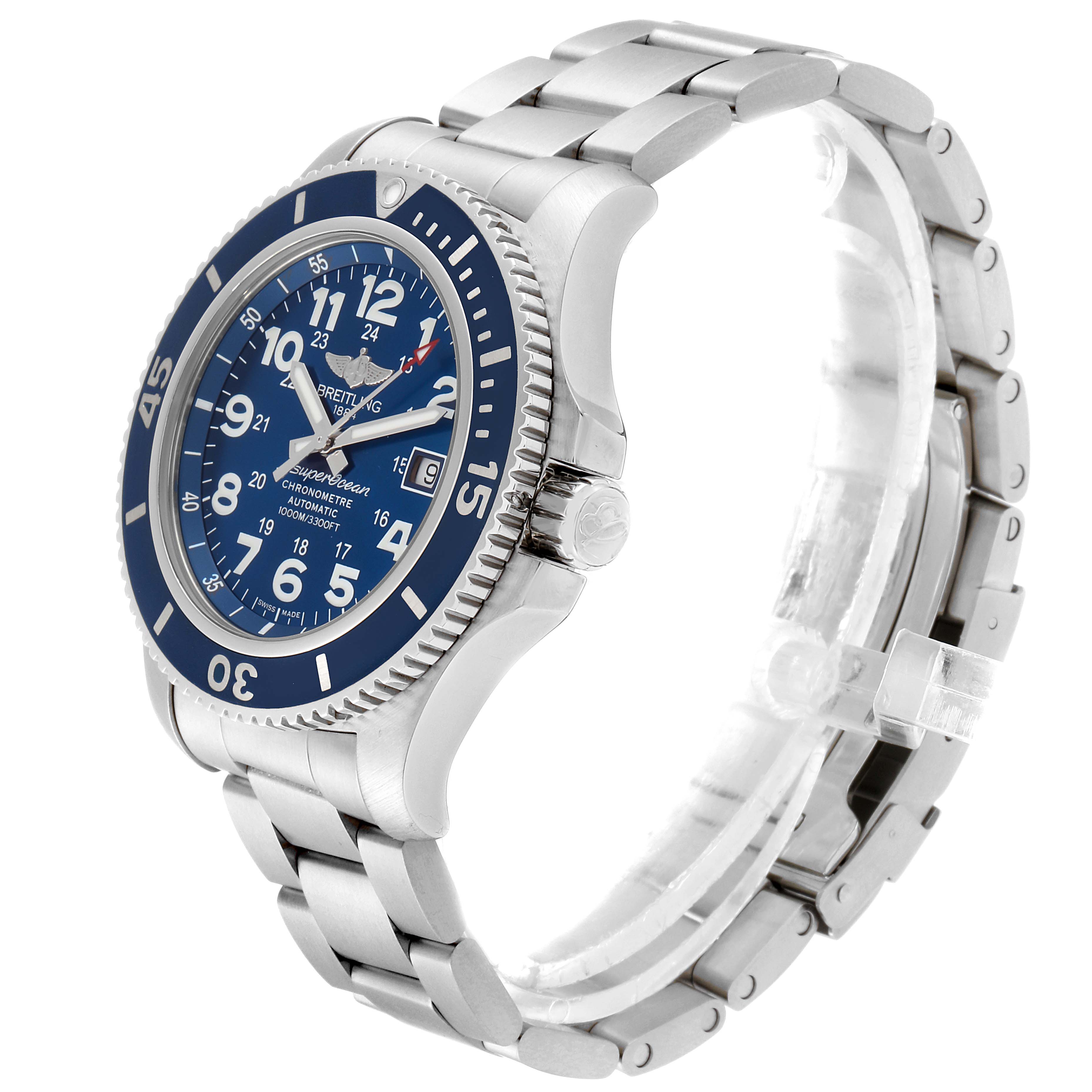 This image shows a Breitling Superocean A17392 Men's Stainless Steel Blue Dial A17392 Men's Stainless Steel Blue Dial watch from a front-side angle, displaying the face, bezel, and stainless steel band.