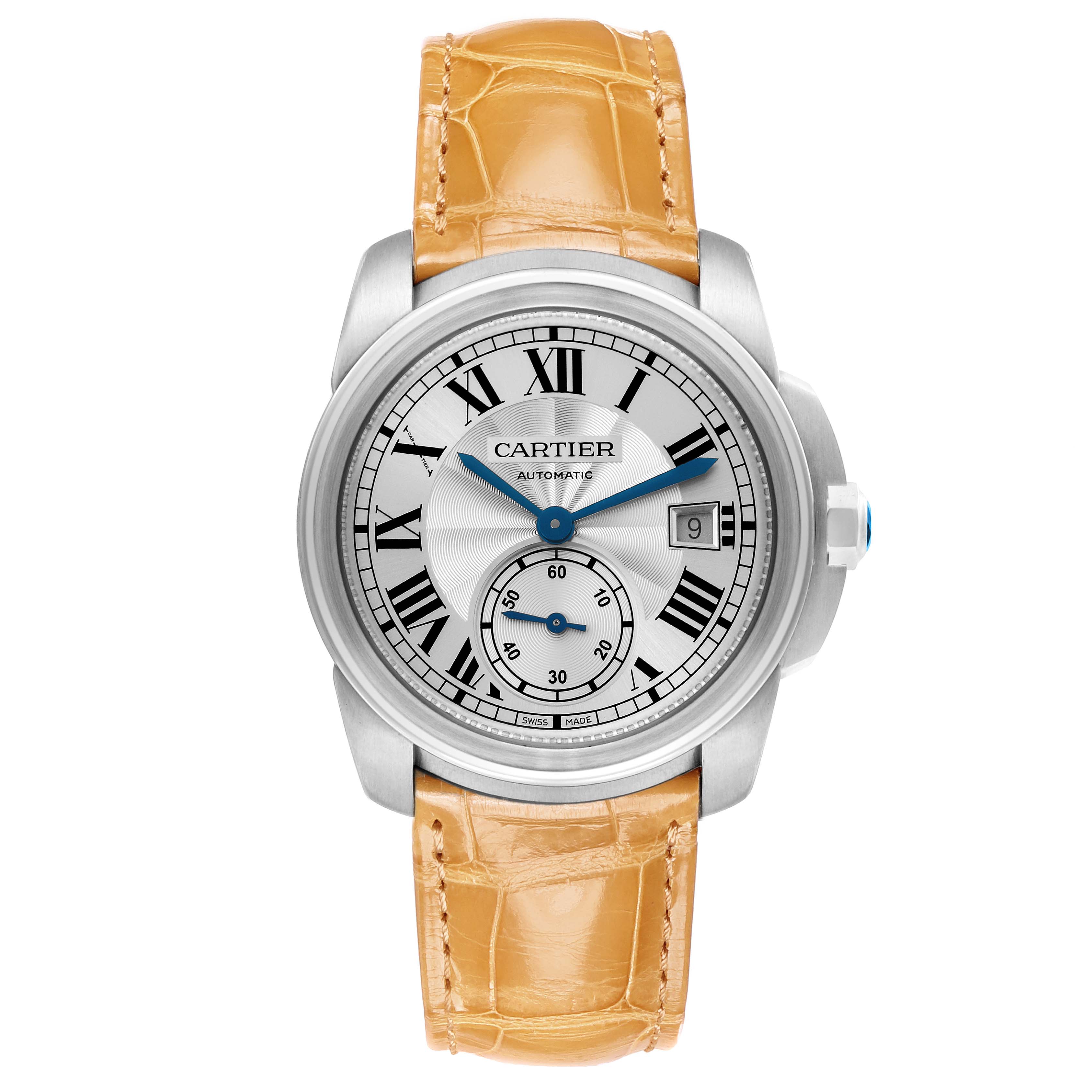 The Calibre de Cartier watch is shown from a front angle, displaying the dial, hands, date function, and strap.