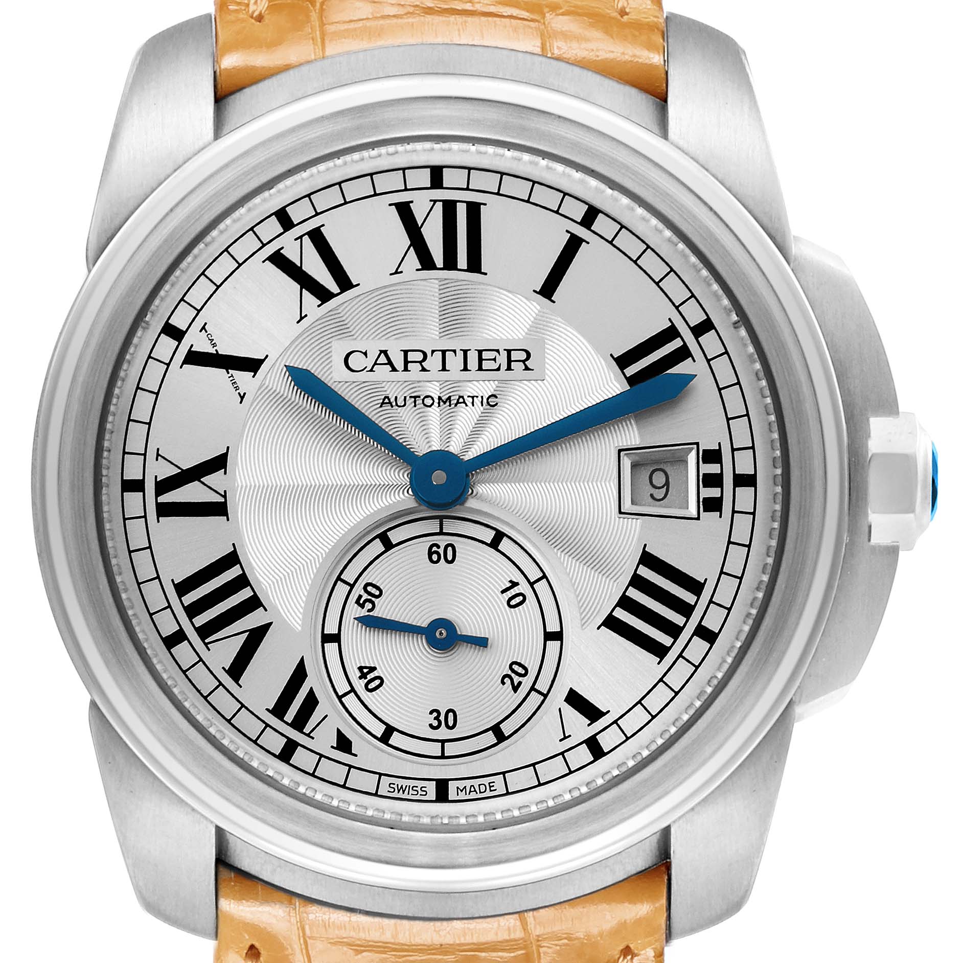 The Calibre de Cartier watch is shown from a front angle, highlighting the dial, hands, Roman numerals, date window, and bezel.