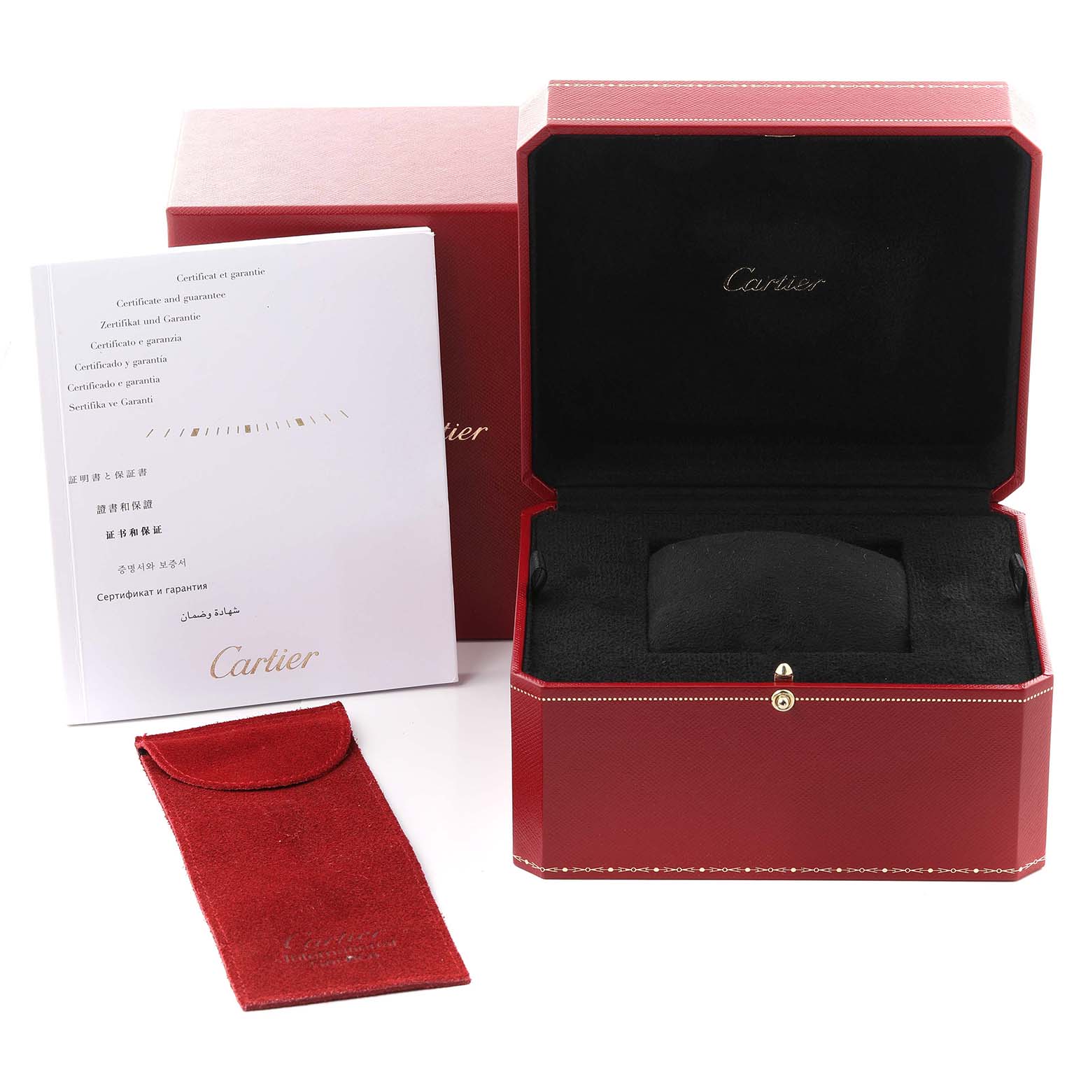 The image shows the packaging and accessories of the Calibre de Cartier watch, including an open red box, a certificate, and a pouch.