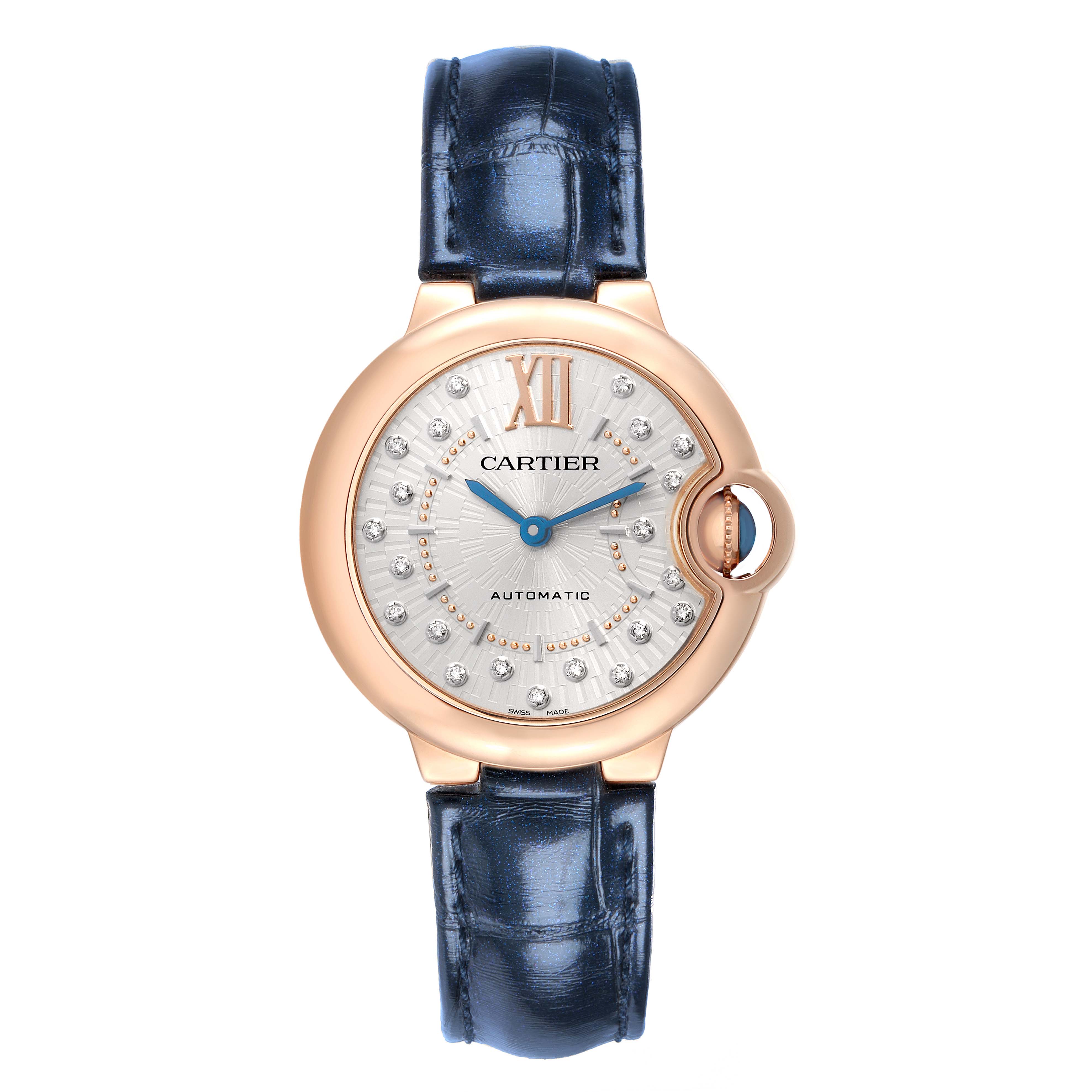 The Cartier Ballon Bleu WGBB0052 Men
s Rose Gold Silver Dial watch is shown from the front, displaying its dial, hands, case, and leather strap.