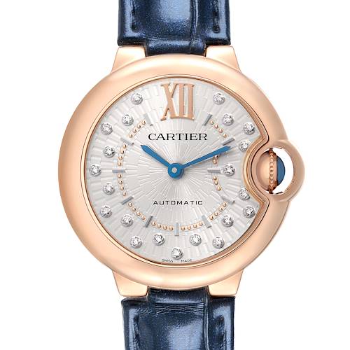 The image shows a front view of the Cartier Ballon Bleu WGBB0052 Men's Rose Gold Silver Dial watch, highlighting its dial, bezel, and crown.