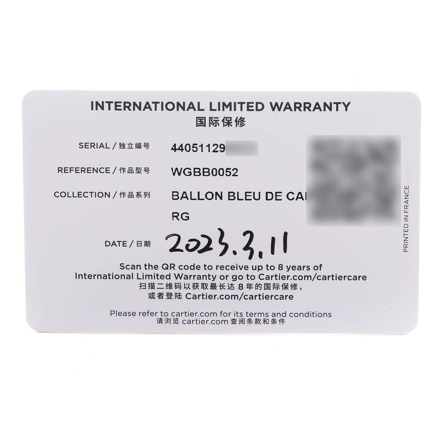 The image shows an International Limited Warranty card for the Cartier Ballon Bleu WGBB0052 Men
s Rose Gold Silver Dial model.