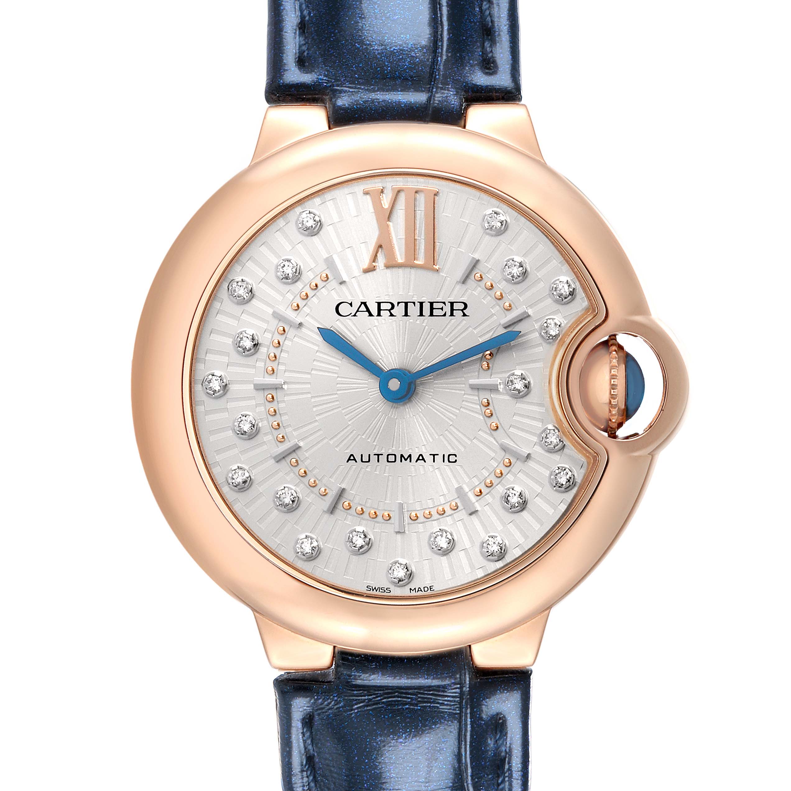 The Cartier Ballon Bleu WGBB0052 Men
s Rose Gold Silver Dial watch is shown in a front view, highlighting the dial, crown, and part of the strap.