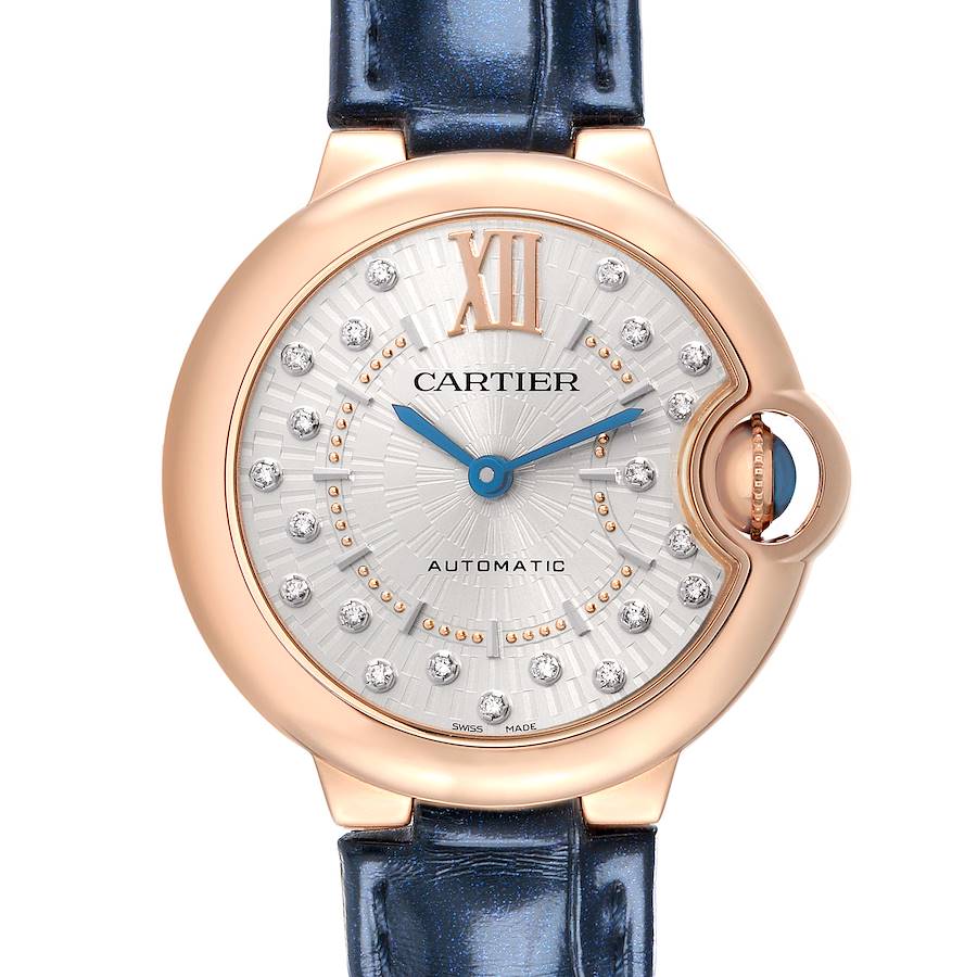 The Cartier Ballon Bleu WGBB0052 Men's Rose Gold Silver Dial watch is shown in a front view, highlighting the dial, crown, and part of the strap.
