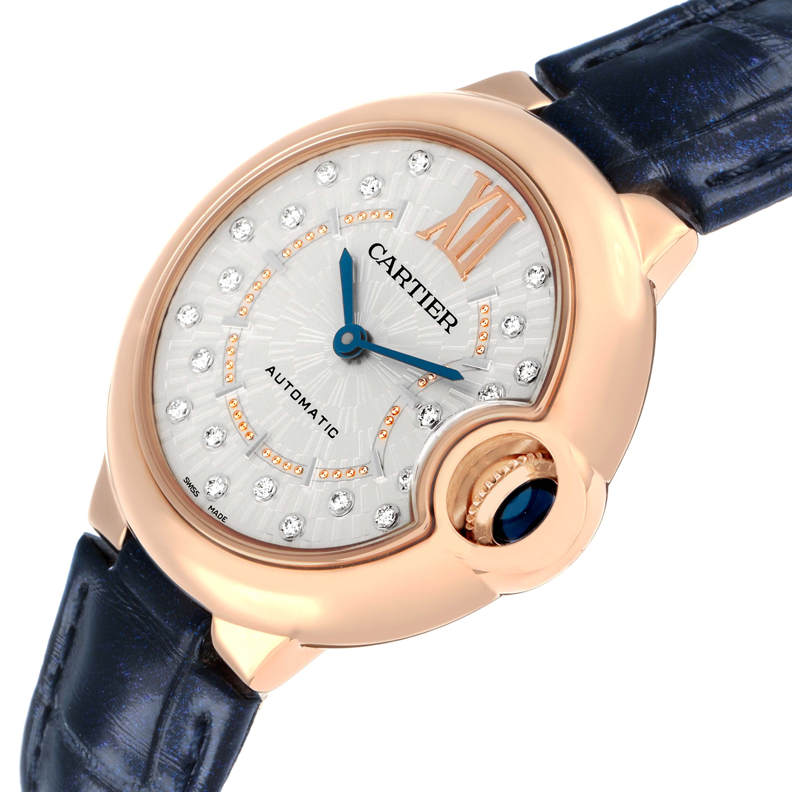 The Cartier Ballon Bleu WGBB0052 Men
s Rose Gold Silver Dial watch is shown at an angled view highlighting the face, crown, and part of the strap.