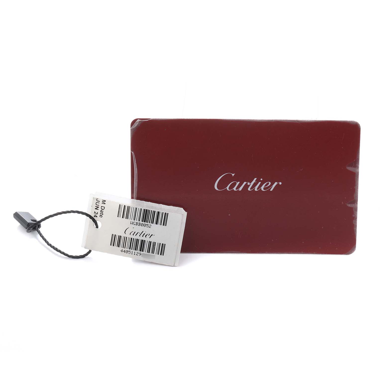 The image shows a Cartier Ballon Bleu WGBB0052 Men
s Rose Gold Silver Dial accessory set with a red card and white tag.