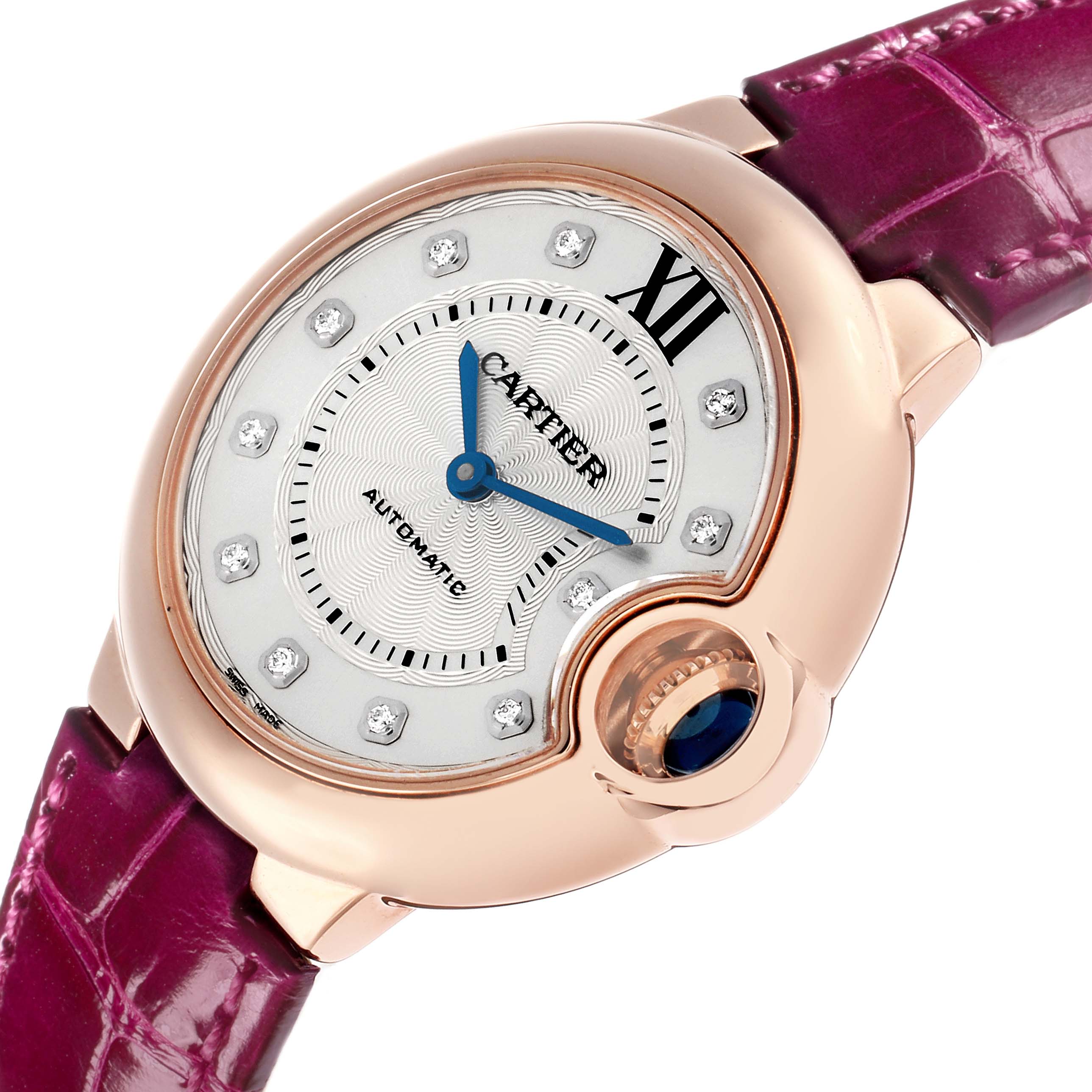 The Ballon Bleu by Cartier is shown at an angle highlighting the face, crown, and part of the strap.