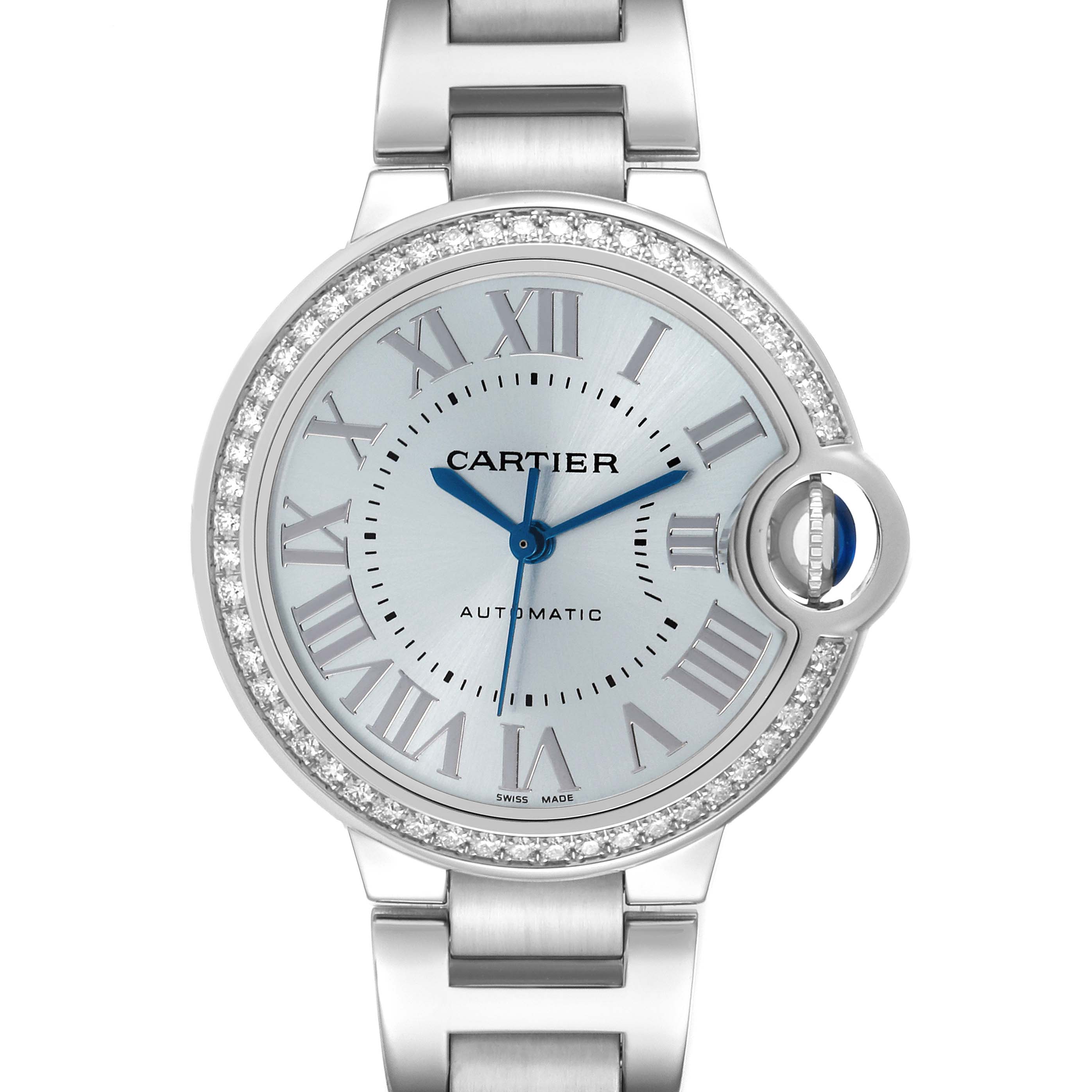 The Cartier Ballon Bleu W4BB0028 Women
s Stainless Steel Blue Dial W4BB0028 Women
s Stainless Steel Blue Dial watch is shown from the front, displaying the round dial, Roman numerals, and bracelet.