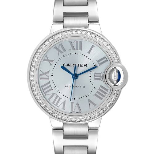 The Cartier Ballon Bleu watch is shown from the front, displaying the face, bezel, and part of the bracelet.