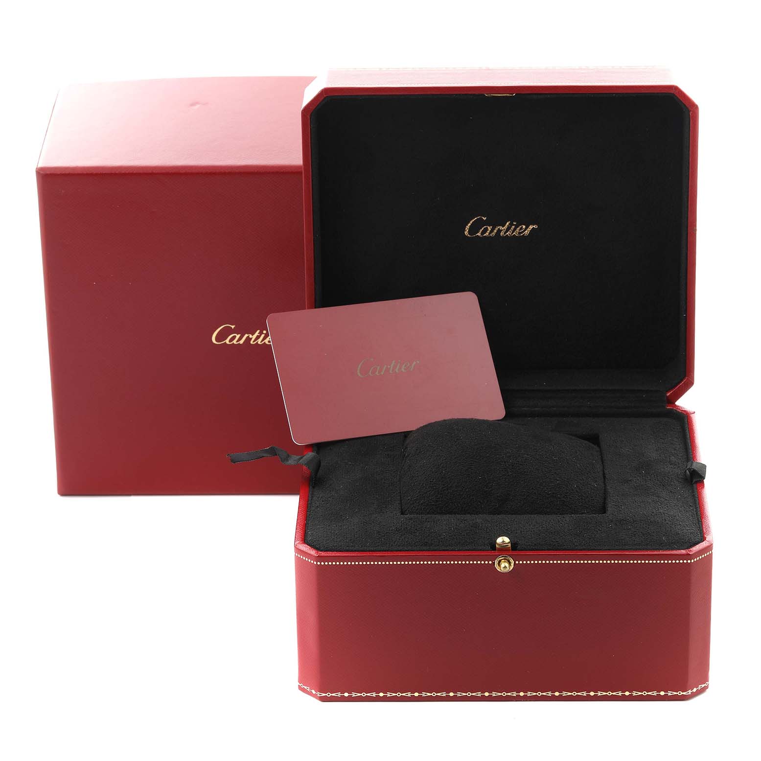 The image shows a Cartier Ballon Bleu W4BB0028 Women
s Stainless Steel Blue Dial W4BB0028 Women
s Stainless Steel Blue Dial watch box and card, with the lid open.