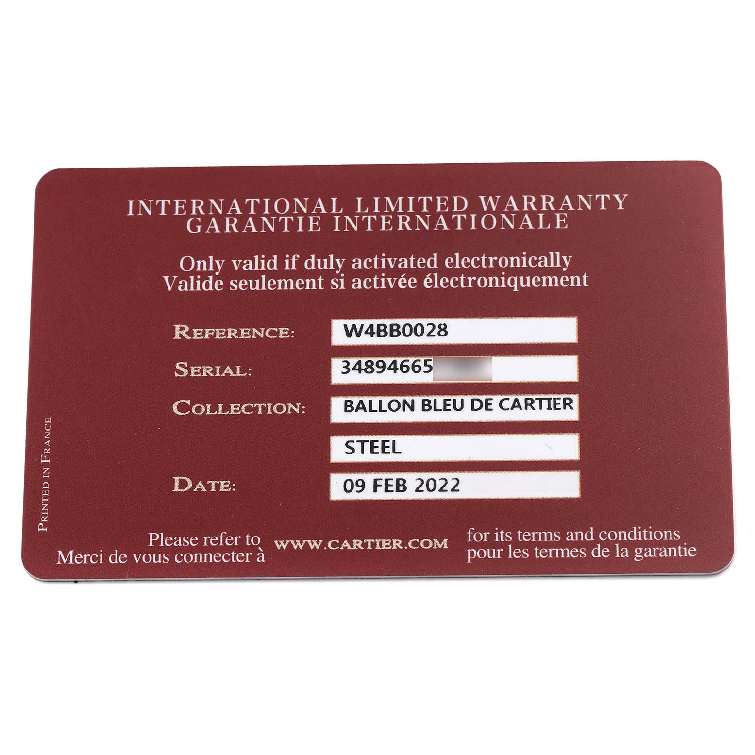 The image shows the International Limited Warranty card for the Ballon Bleu de Cartier watch.
